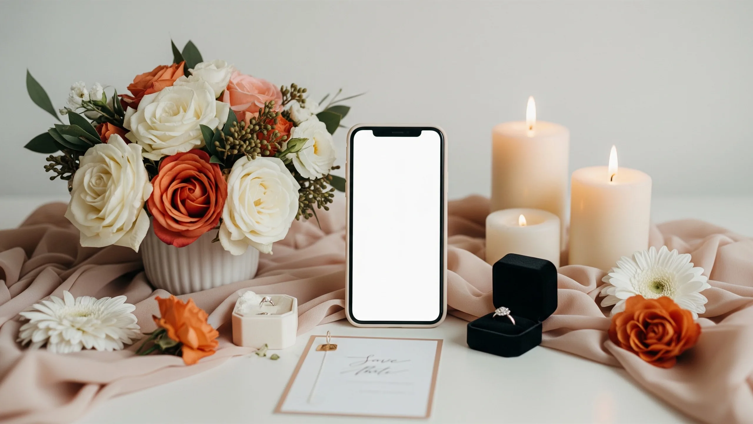 A luxury digital save-the-date setup with blank phone screen, florals, ring box and candles, no text, in context