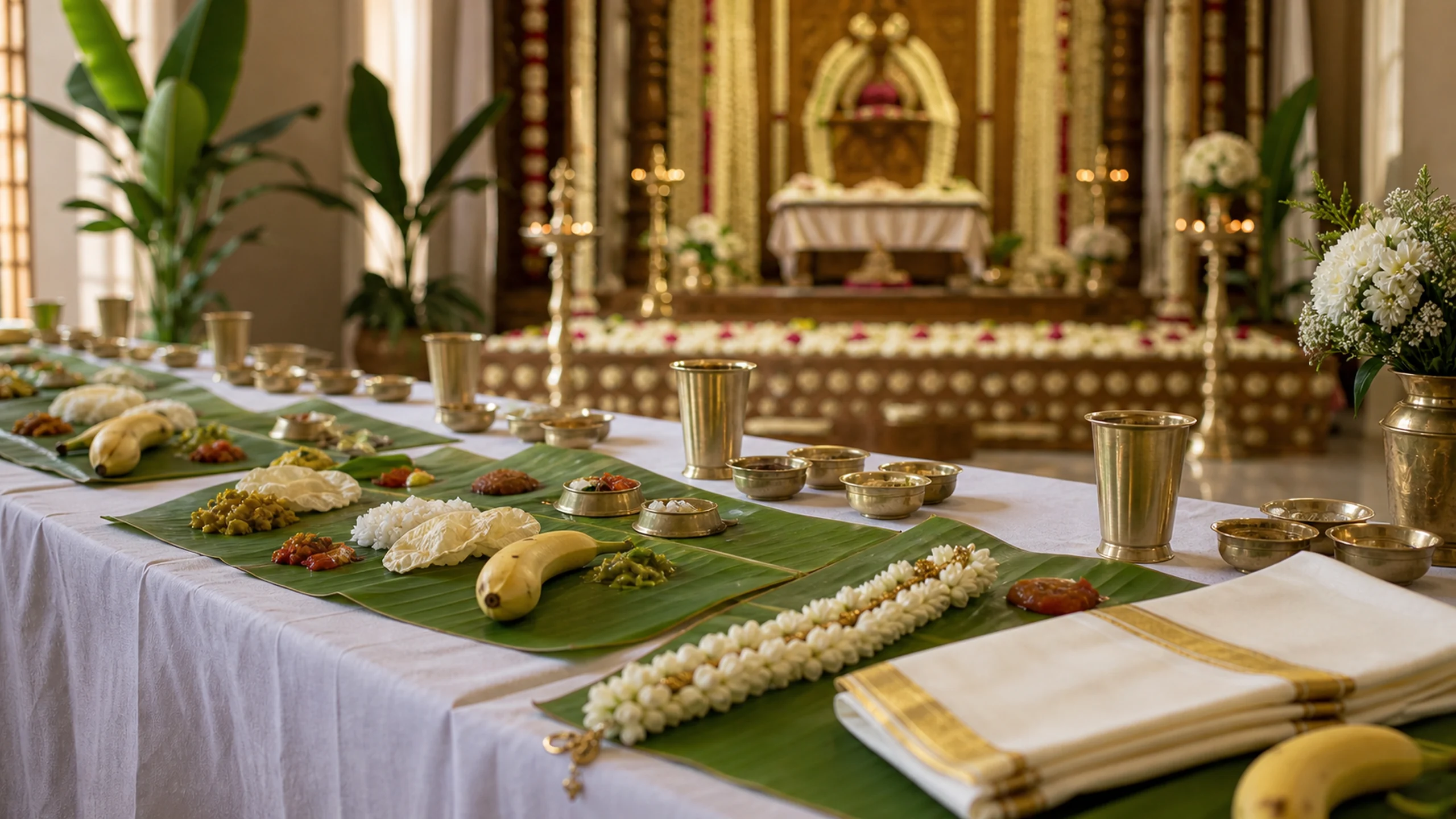 A guest-ready banana leaf wedding meal setting with brass tumblers, jasmine garlands and ceremonial decor softly visible in the background, in context