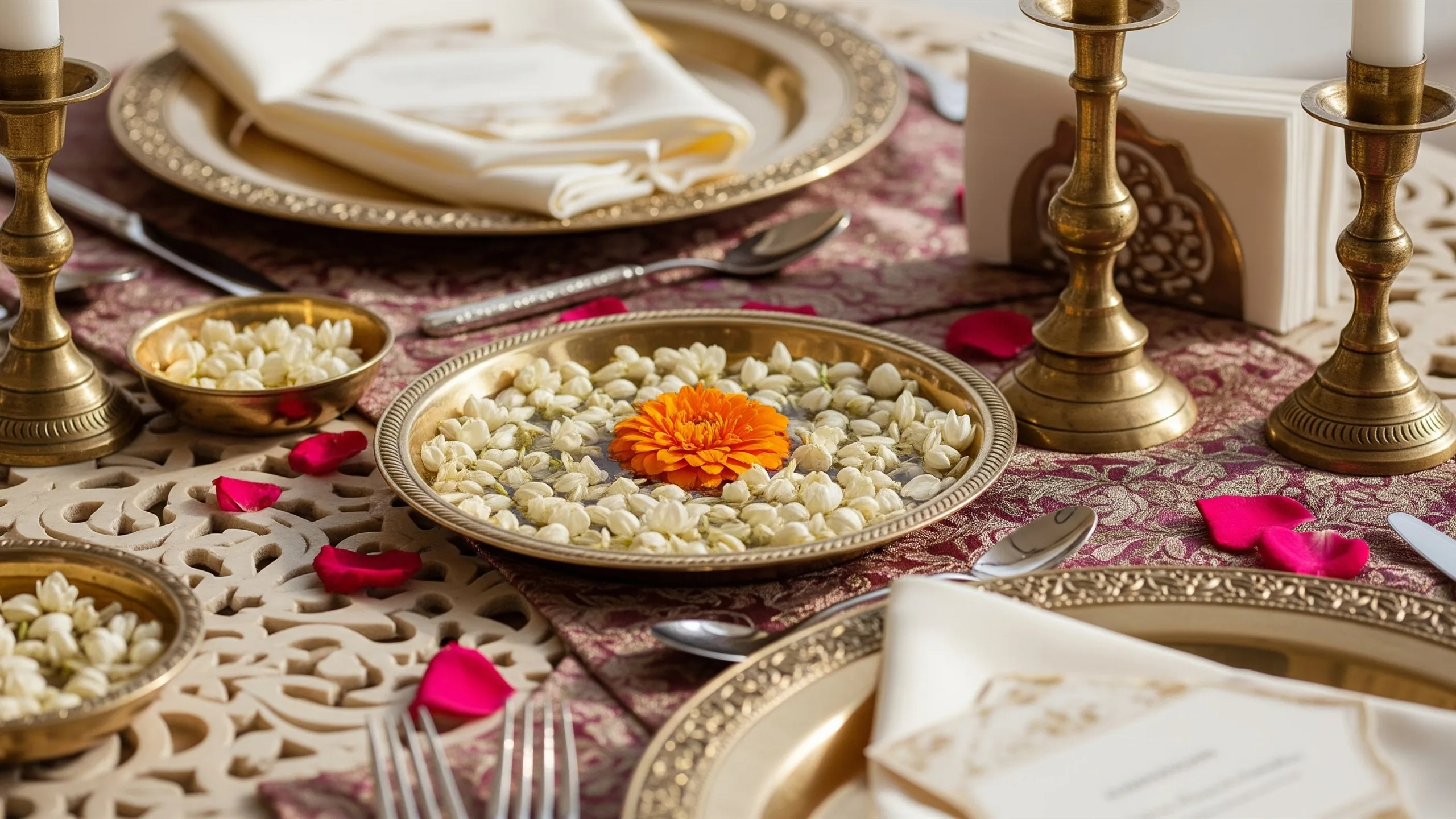 A close detail of a Udaipur palace wedding table with brass urlis of floating flowers, jasmine and rose petals, ornate silverware and silk runners on carved marble, close-up detail