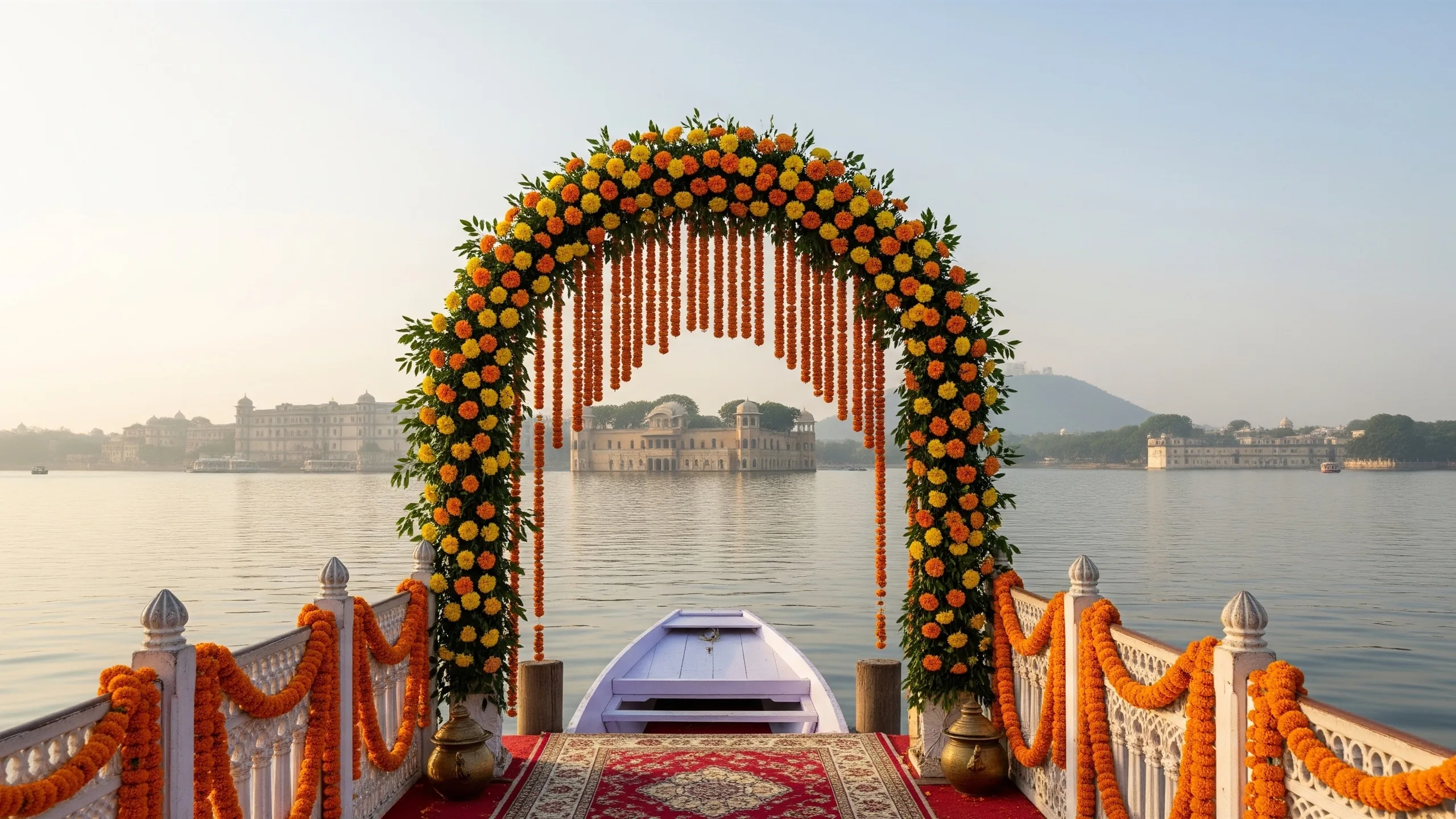 An atmospheric wide view of a Lake Pichola boat jetty with a decorated floral archway and marigold garlands, the palace skyline behind on calm water, serene morning light, no signage, styled view