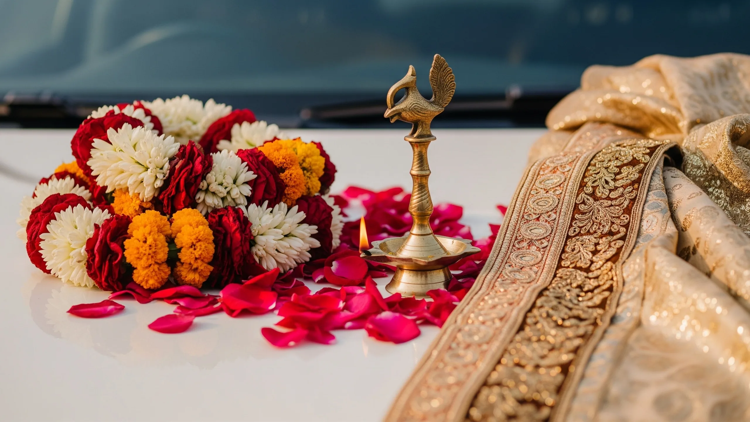 A close detail of car floral garlands, rose petals, brass diya and silk dupatta on a polished surface, no text, close-up detail