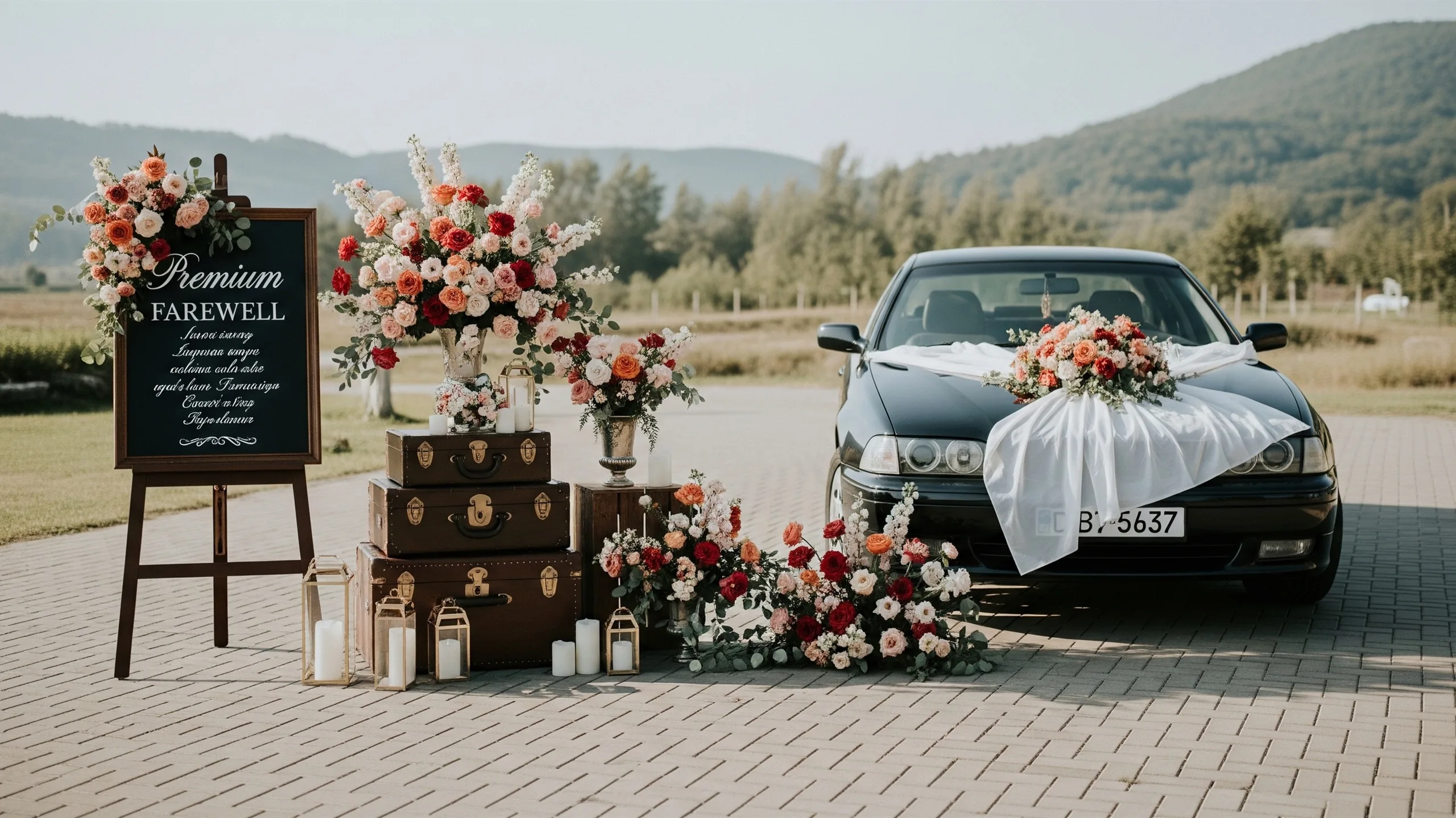 A premium farewell setup at a venue exit with flowers, candles, luggage trunk and decorated car, no signage, styled view