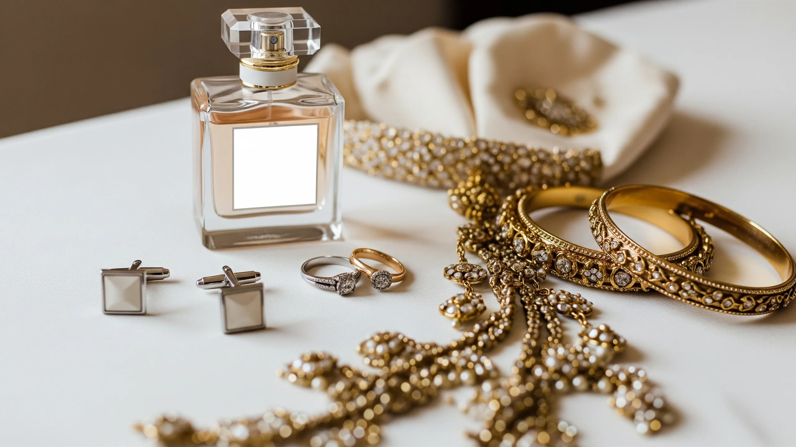 A close detail of wedding-day accessories: rings, perfume bottle turned blank, cufflinks, bangles, kalgi and silk fabric, no logos, close-up detail