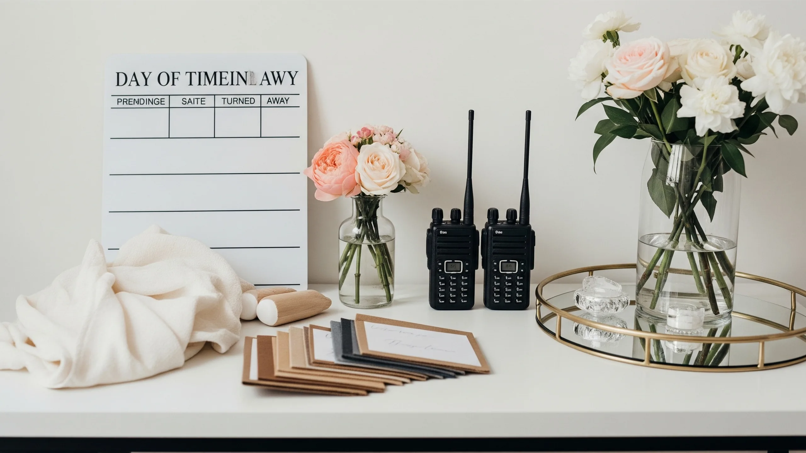 A premium day-of operations scene with blank timeline board turned away, floral samples, unbranded walkie-talkies and decor tray, no readable text, in context