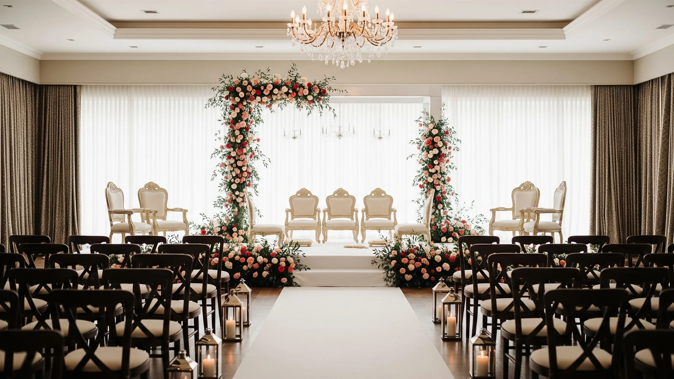 An elegant final-prep venue scene with ceremony items arranged, stage lights ready, flowers fresh and empty chairs facing mandap, styled view