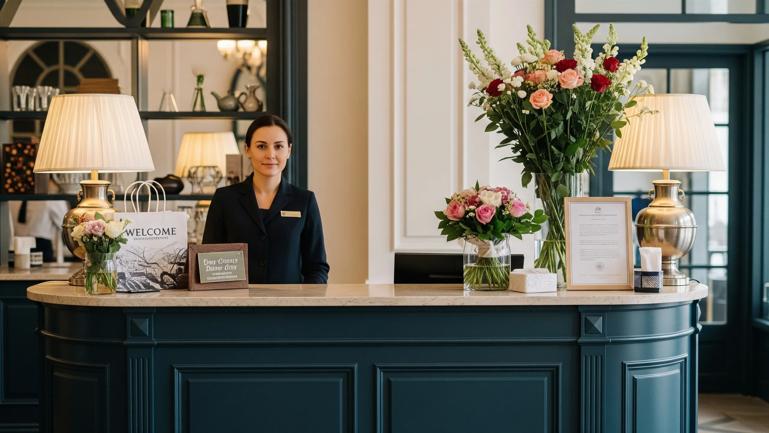 A grand guest hospitality counter at a hotel lobby with welcome bags, flowers and concierge-style setup, no signage, styled view