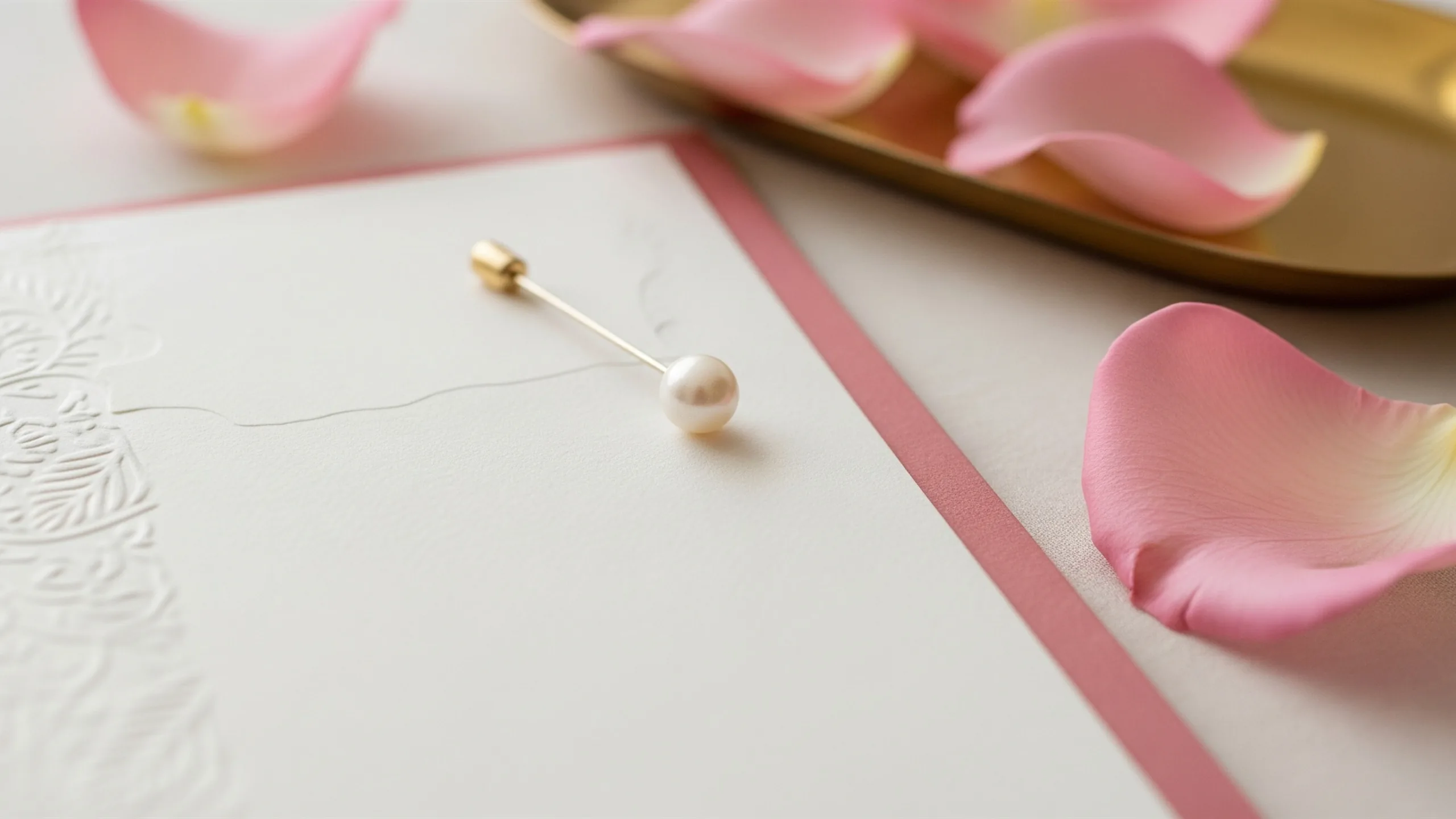 A close detail of embossed paper texture, blank card edge, pearl pin, rose petals and gold tray, no letters, close-up detail