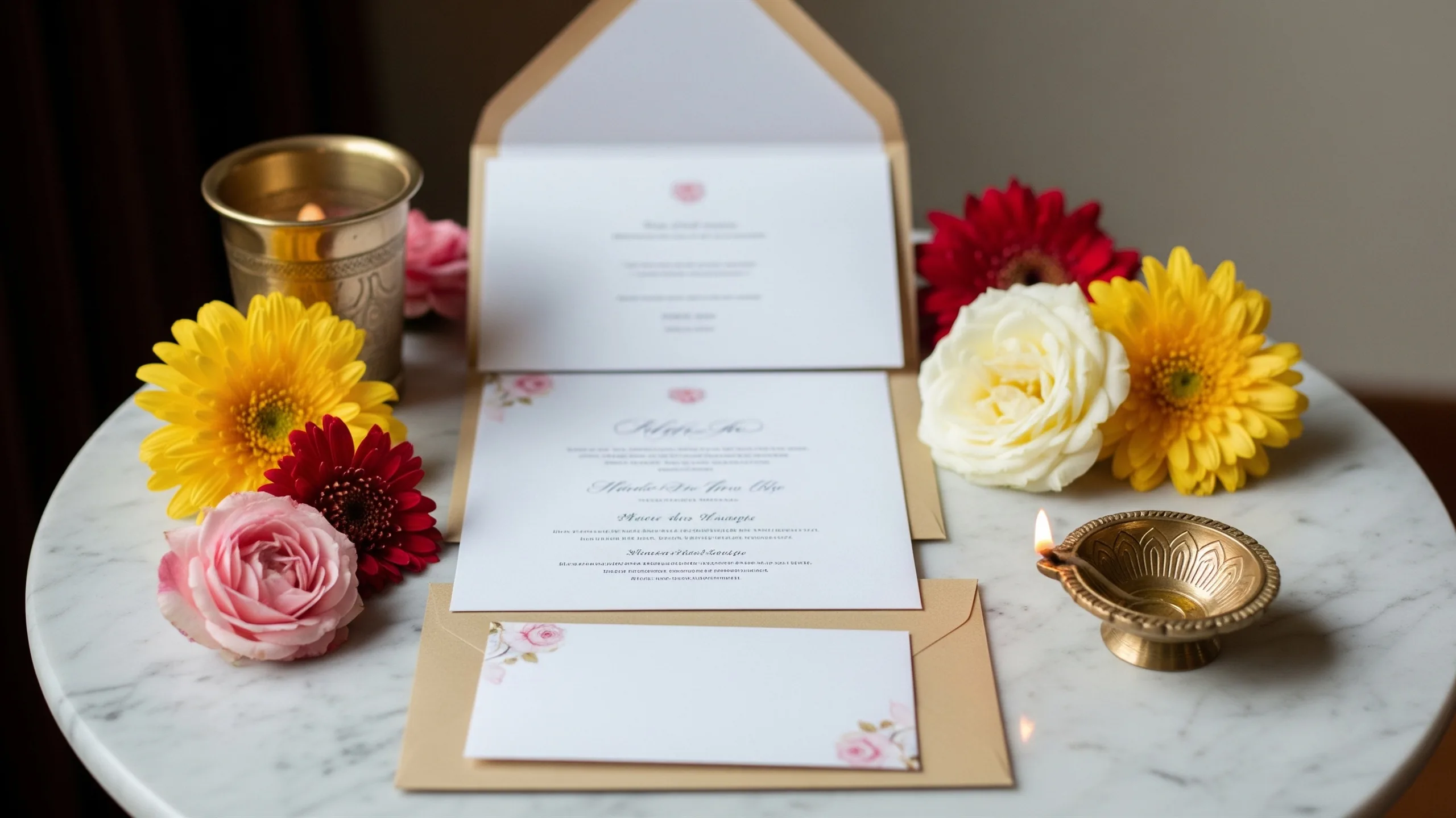 An elegant invitation suite with multiple blank inserts, envelope liners, flowers and brass diya on marble, no writing, in context