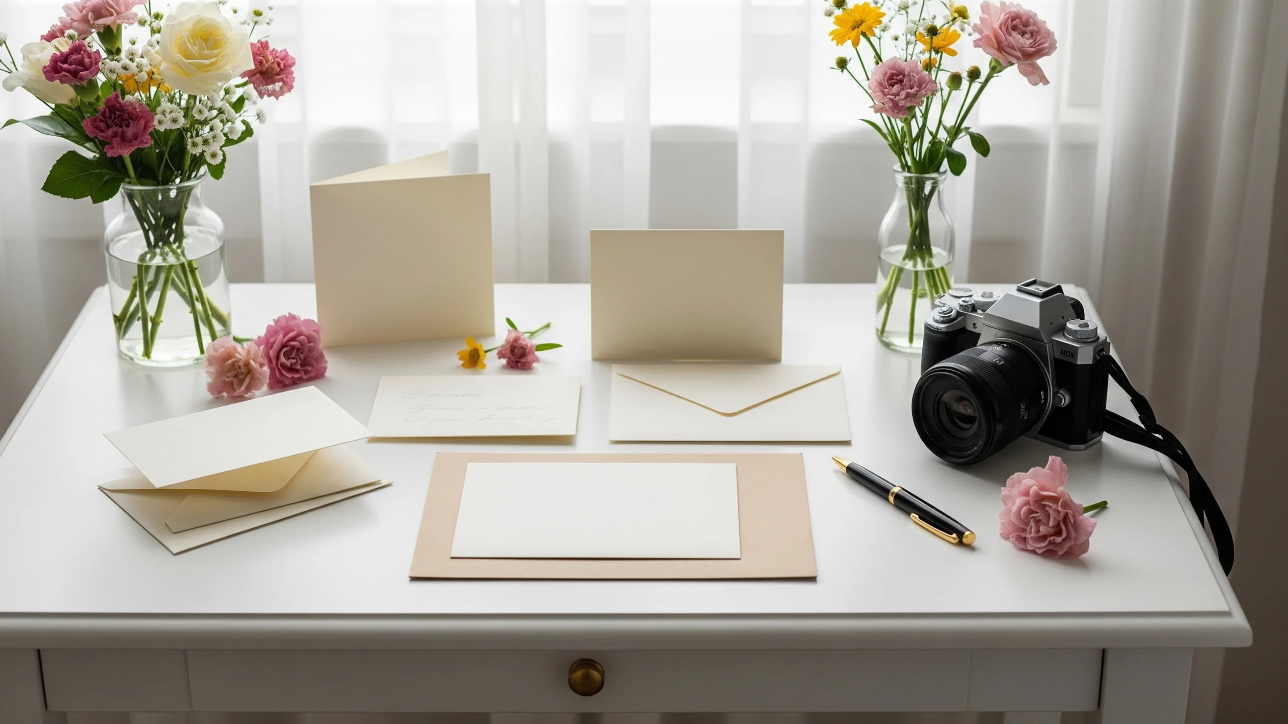 A premium etiquette-inspired stationery desk with blank cards, sealed envelopes, flowers and pen, no visible text, styled view