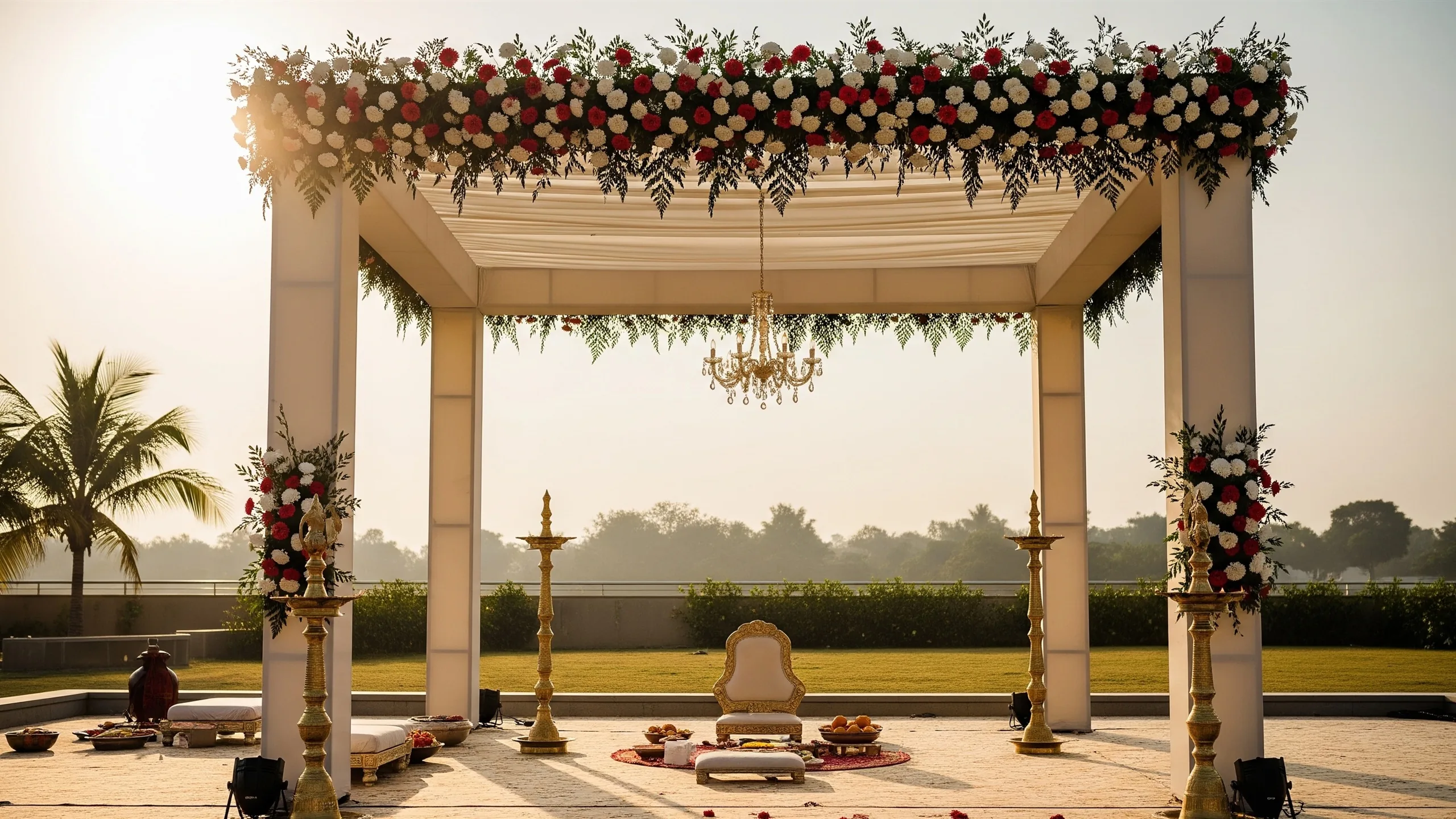A grand mandap prepared for an auspicious morning ceremony, soft sunrise light, floral canopy and brass lamps, in context