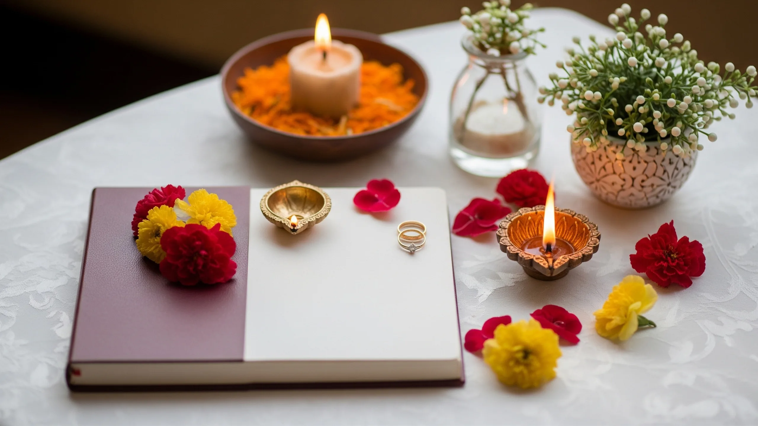 An elegant panchang-inspired planning still life with a closed blank book, flowers, diya and rings, no readable dates or numbers, styled view