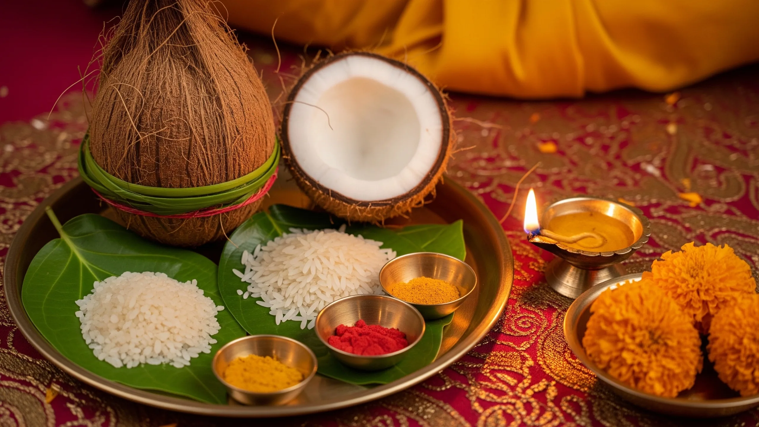 A close detail of sacred ritual items: kalash, coconut, betel leaves, rice, kumkum, ghee lamp and marigolds on rich fabric, no text, close-up detail