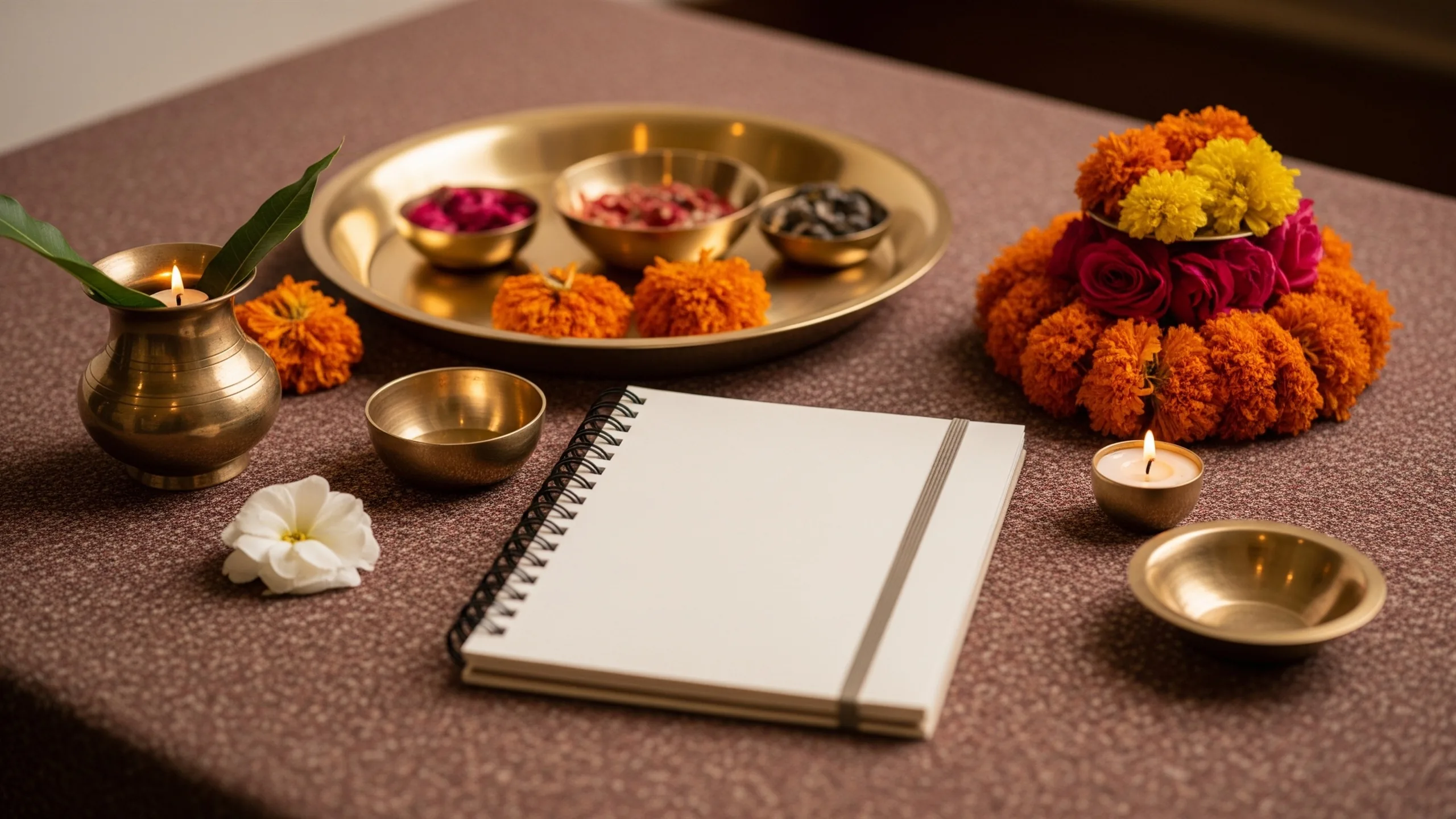 An elegant booking-prep still life with blank notebook closed, brass thali, flowers and ritual items, no readable writing, styled view