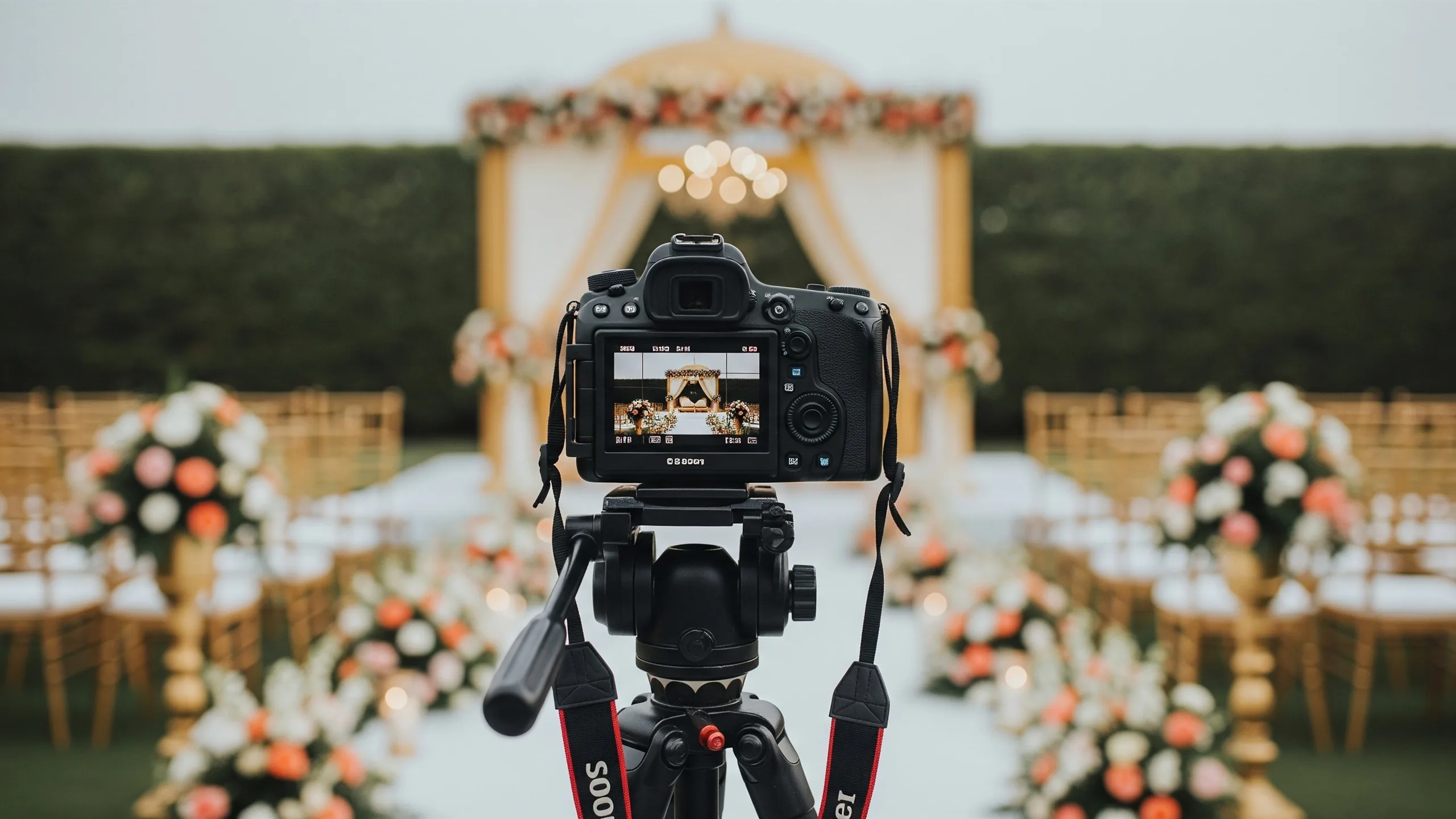 An empty luxury mandap framed through a camera on tripod, in context