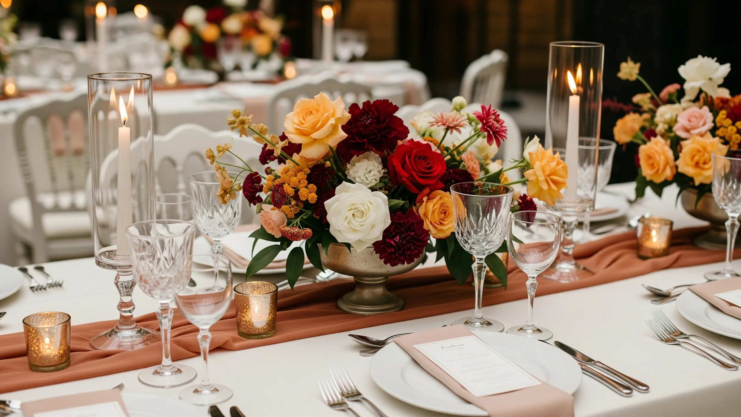 A close detail of elegant reception table decor with flowers, candles, crystal glassware and rich linens, no place cards, close-up detail