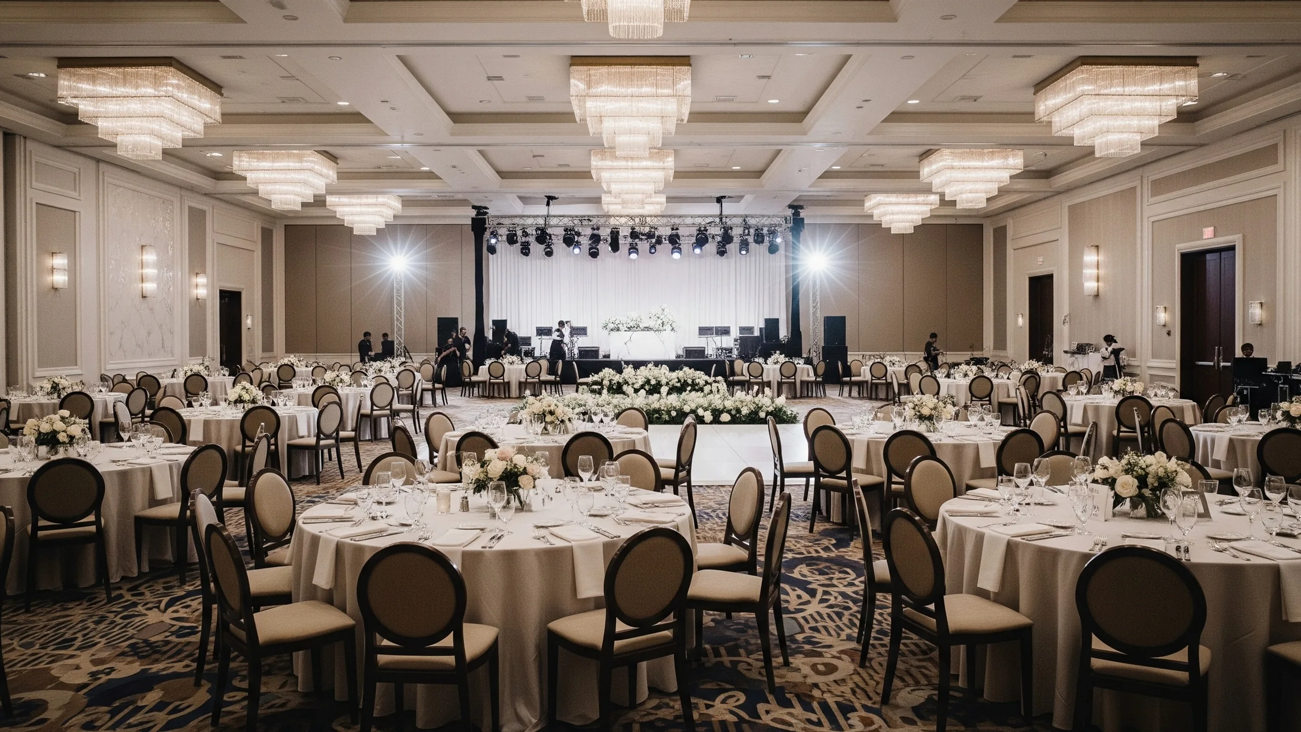 A large premium ballroom reception setup with round tables, clear dance floor, in context