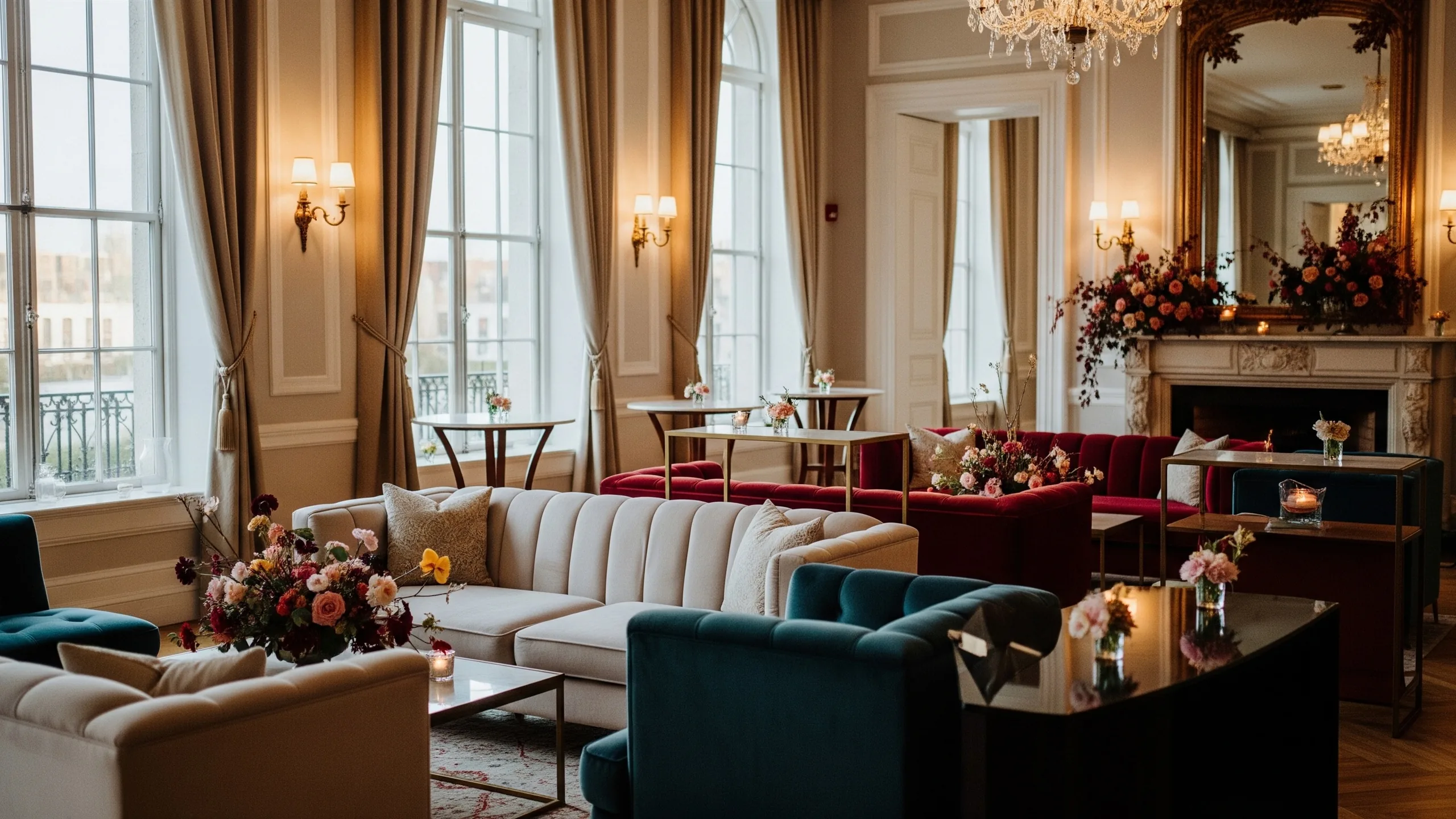 A refined reception lounge area with velvet sofas, floral arrangements, cocktail tables and warm evening ambience, no signage, styled view