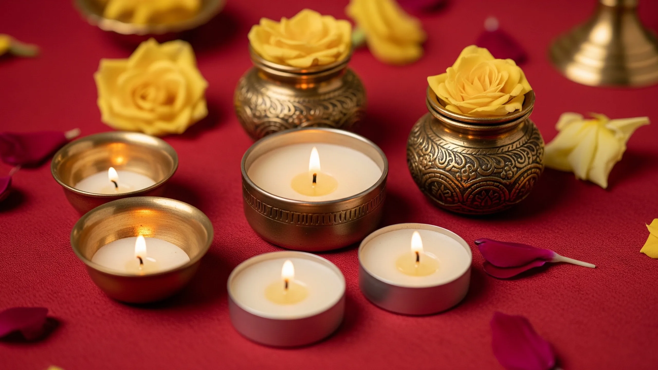A close detail of elegant favors: miniature brass bowls, scented candles with blank lids, potlis and flowers on rich fabric, no labels, close-up detail