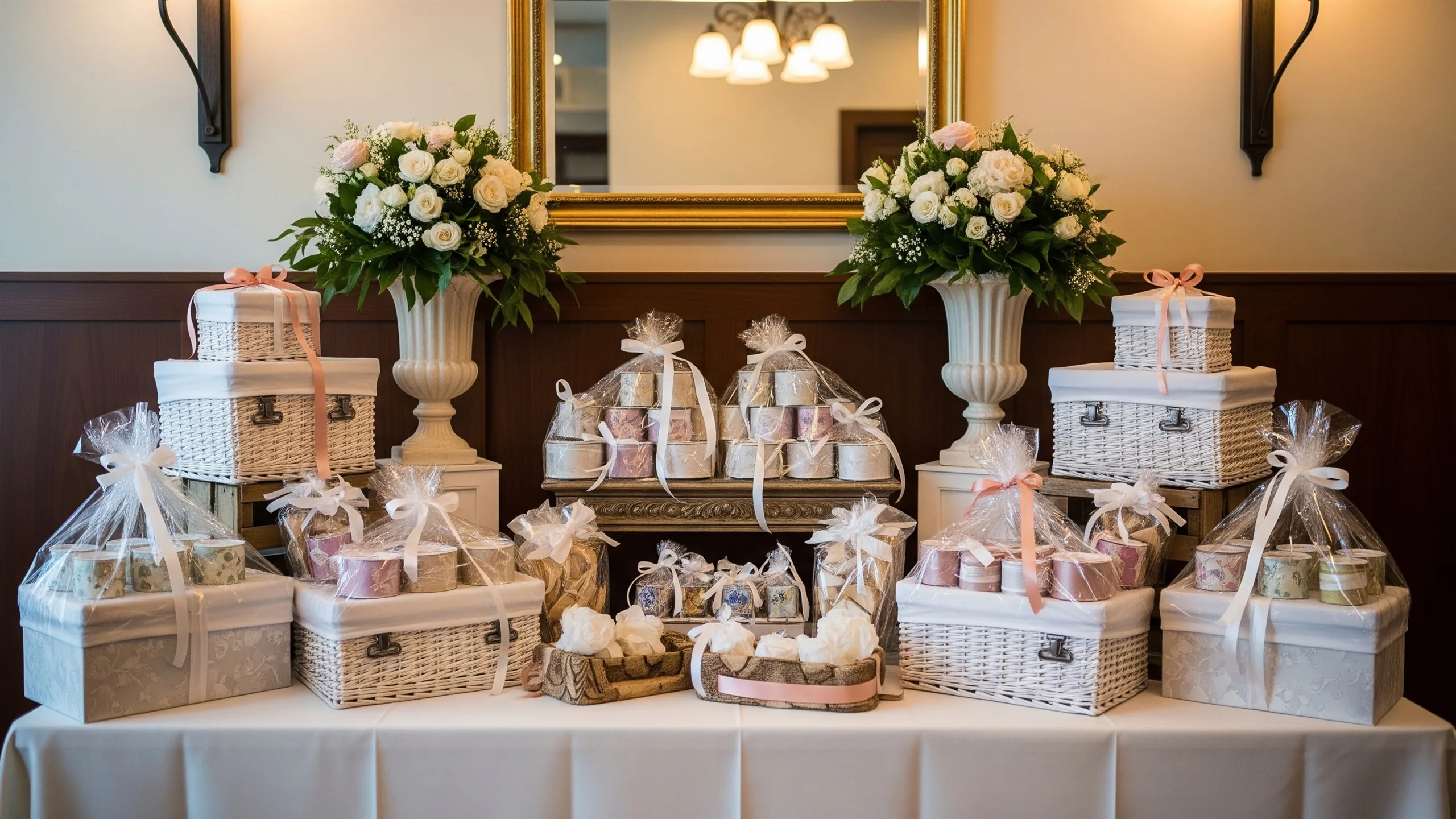 A grand favor station in a wedding foyer with stacked hampers, ribbons, floral urns and warm lighting, no signage, in context