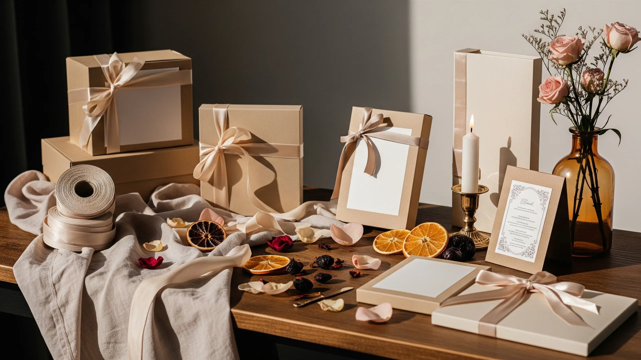 A curated guest-gift packaging table with blank boxes, silk ribbons, dried fruits and rose petals, premium styling, no readable text, styled view