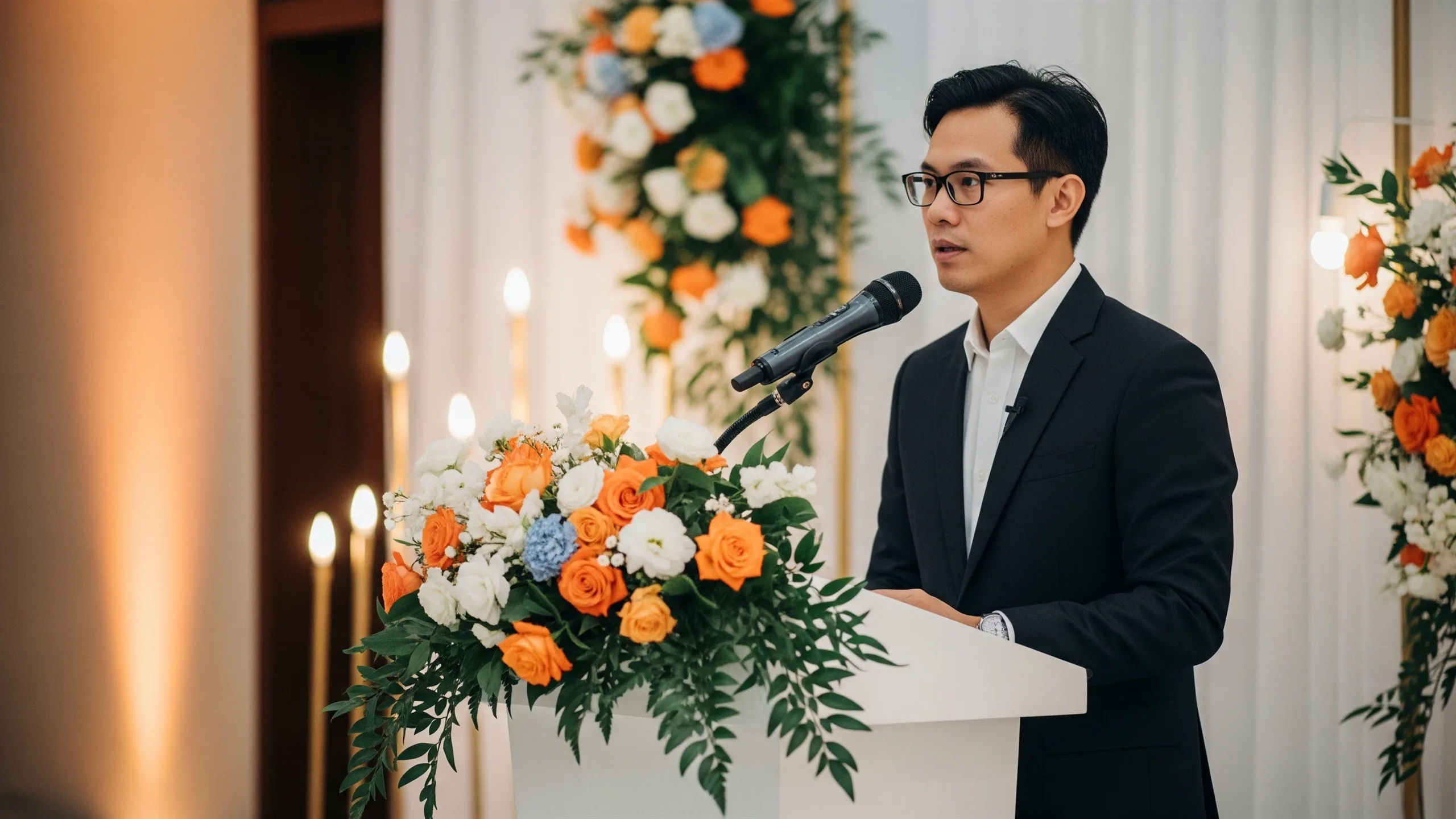 An elegant emcee podium scene with unbranded microphone, floral decor and reception lights, no signage, in context