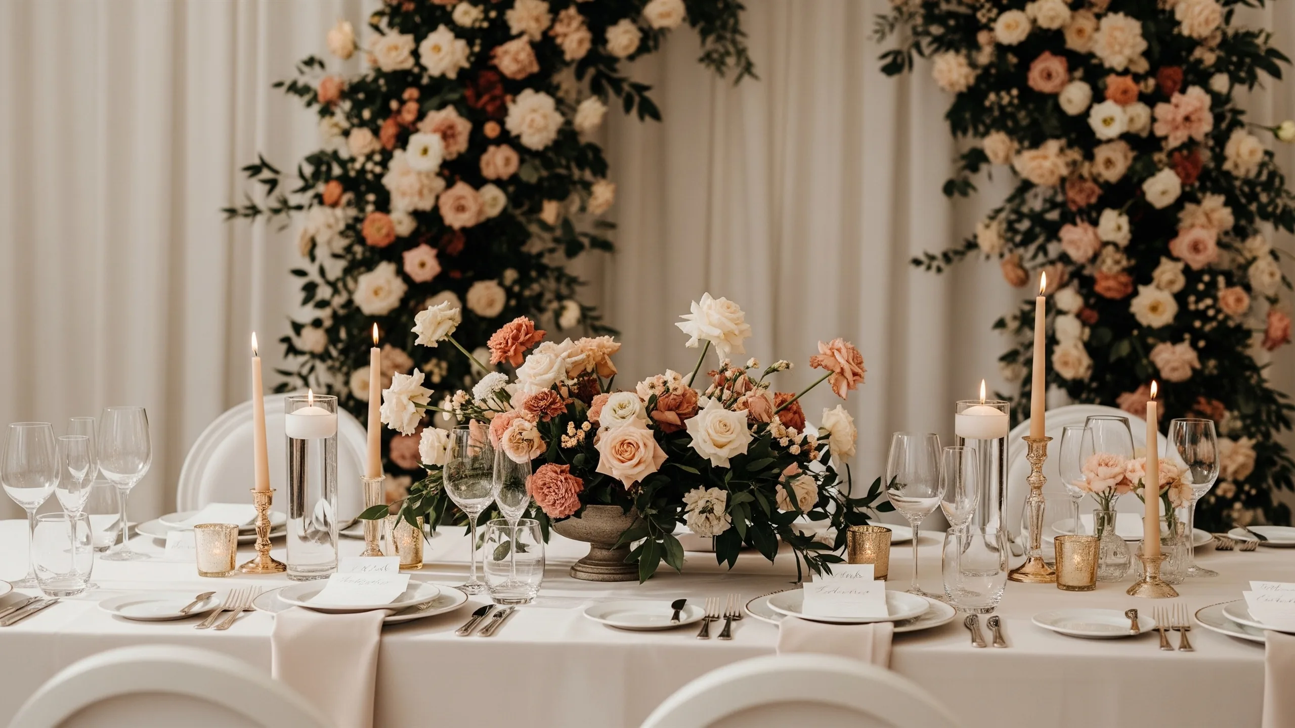A premium head-table reception setup prepared for speeches, crystal glassware, candles and grand floral backdrop, no place cards, styled view