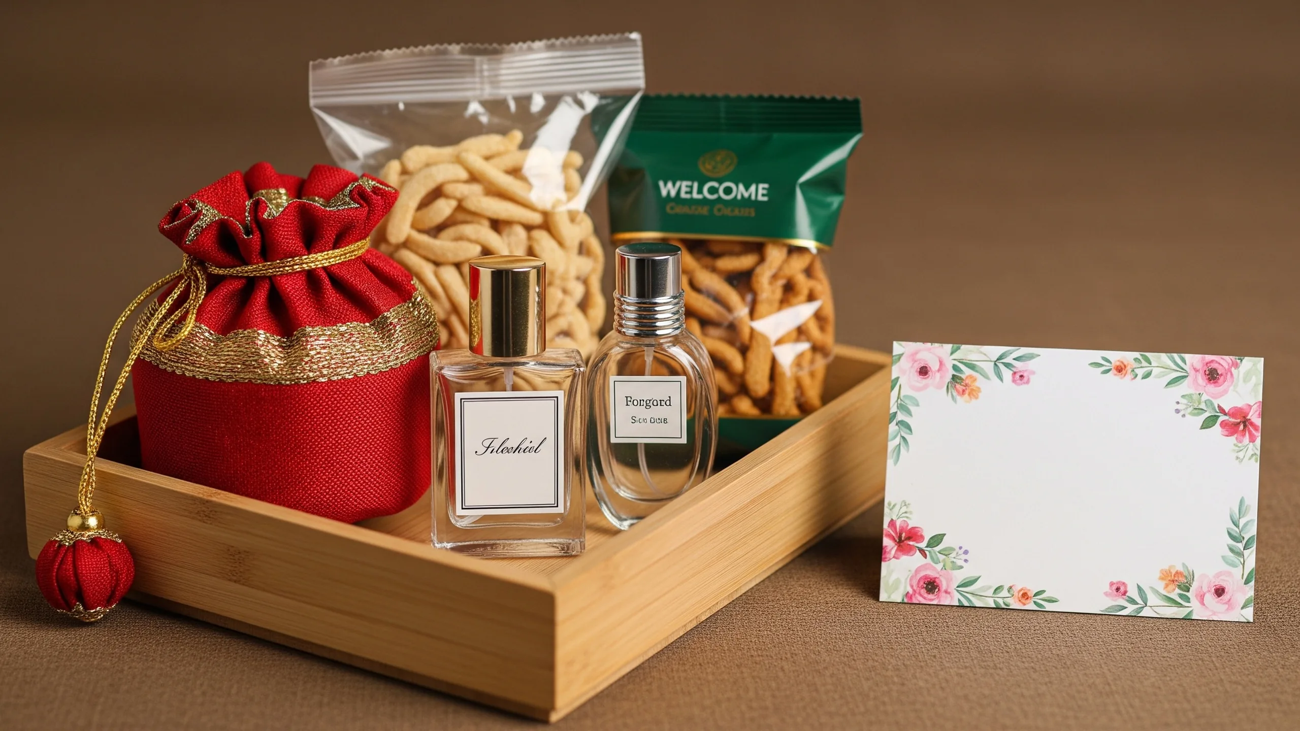 A close detail of welcome hamper contents: potli, snacks in blank packaging, mini perfume bottle turned away and floral note card blank, no text, close-up detail