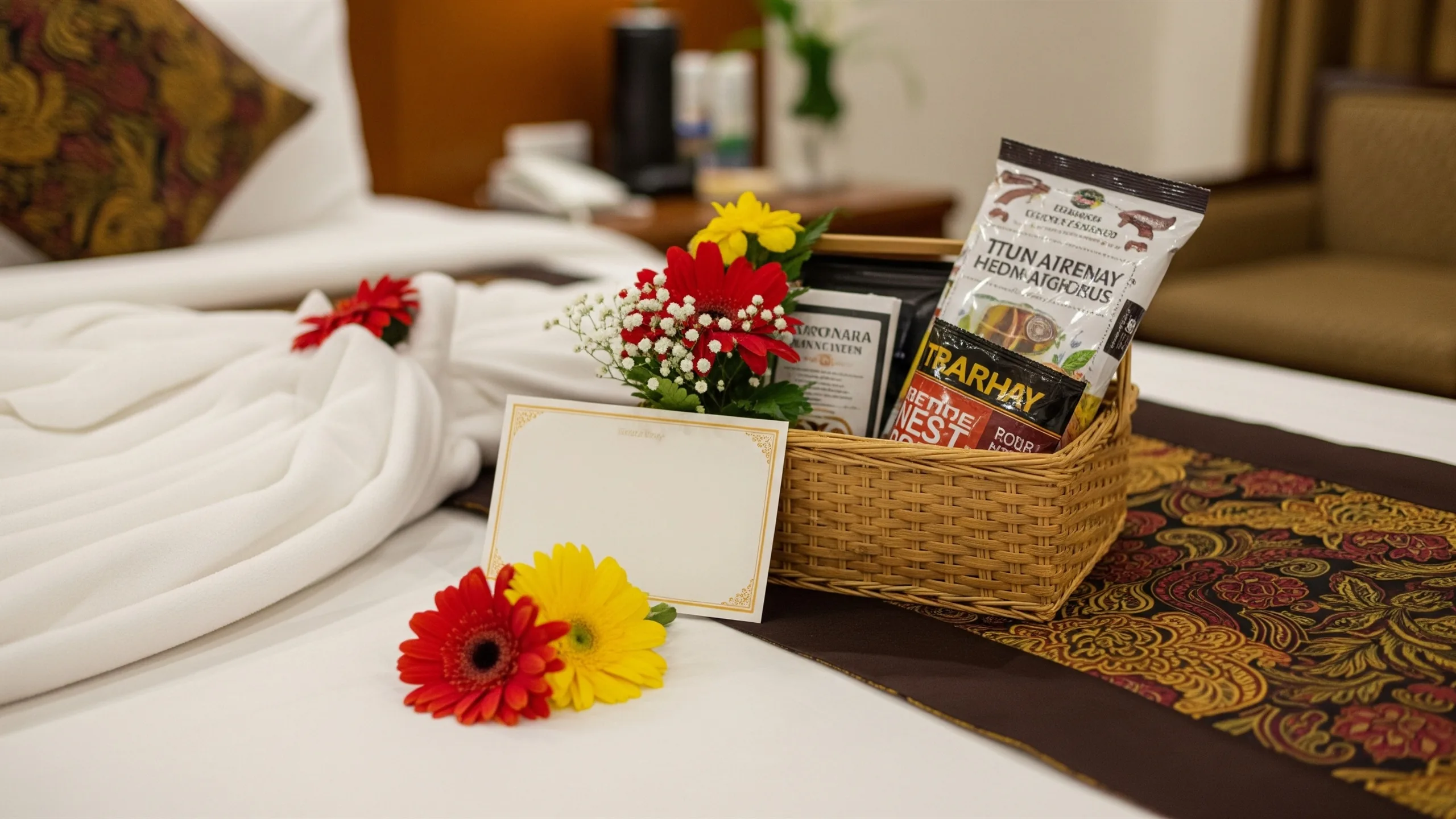 An elegant hotel-room welcome setup with hamper on bed, folded itinerary card blank, flowers and traditional decor, no readable text, in context