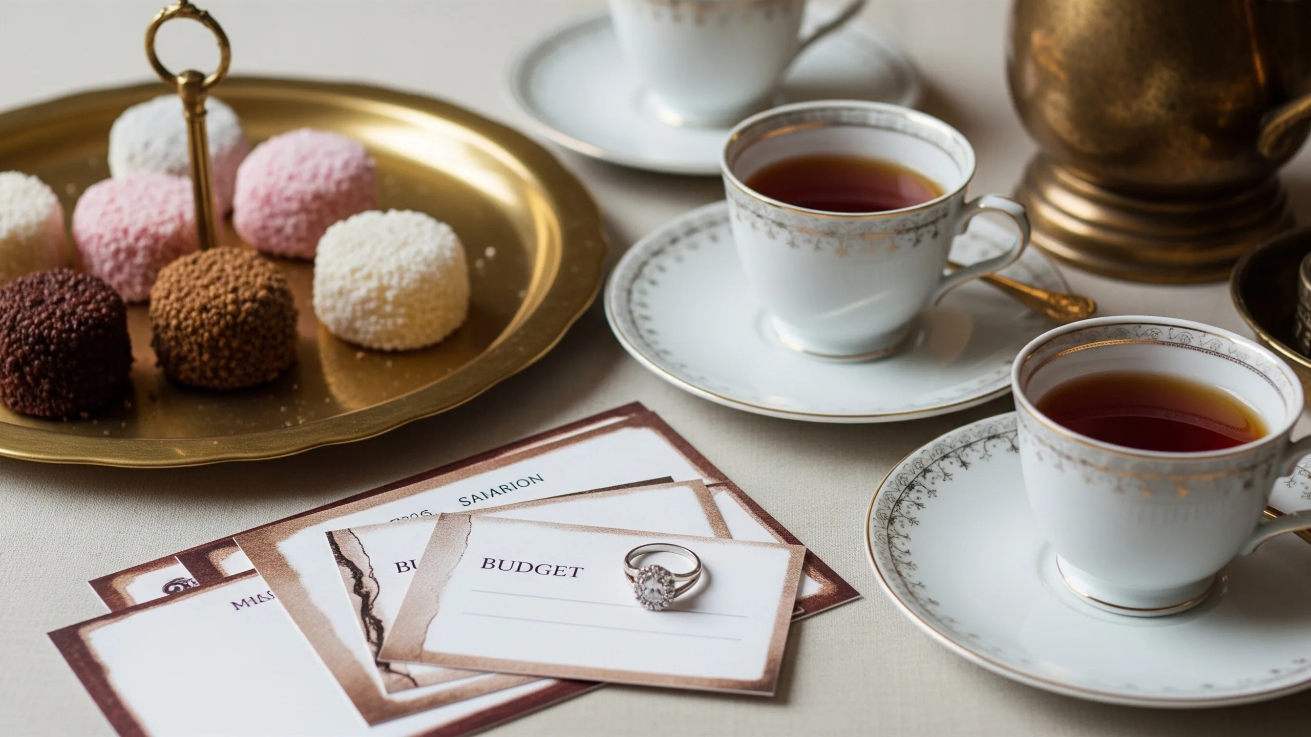 A close detail of premium sweets, tea cups, brass tray, rings and blank budget cards with no writing, close-up detail