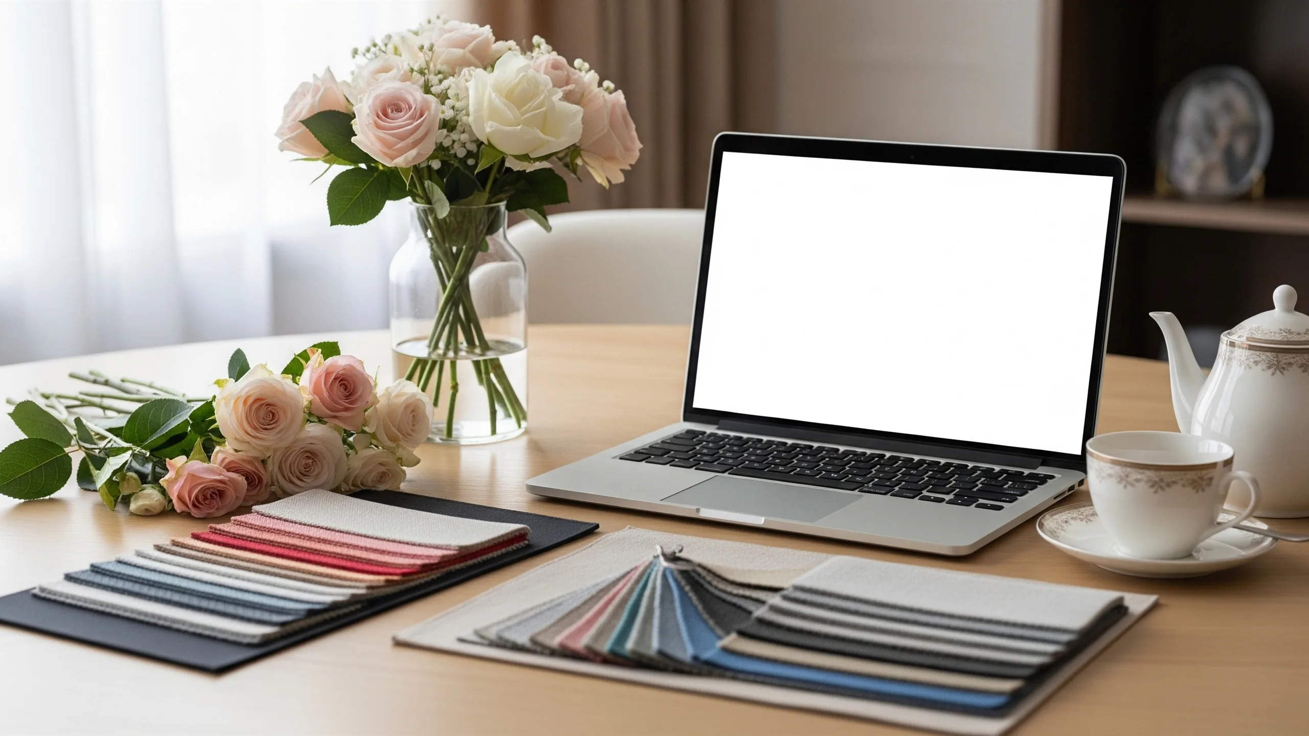 A refined family-planning table with two sets of fabric swatches, floral samples, blank laptop screen and tea service, no text, in context