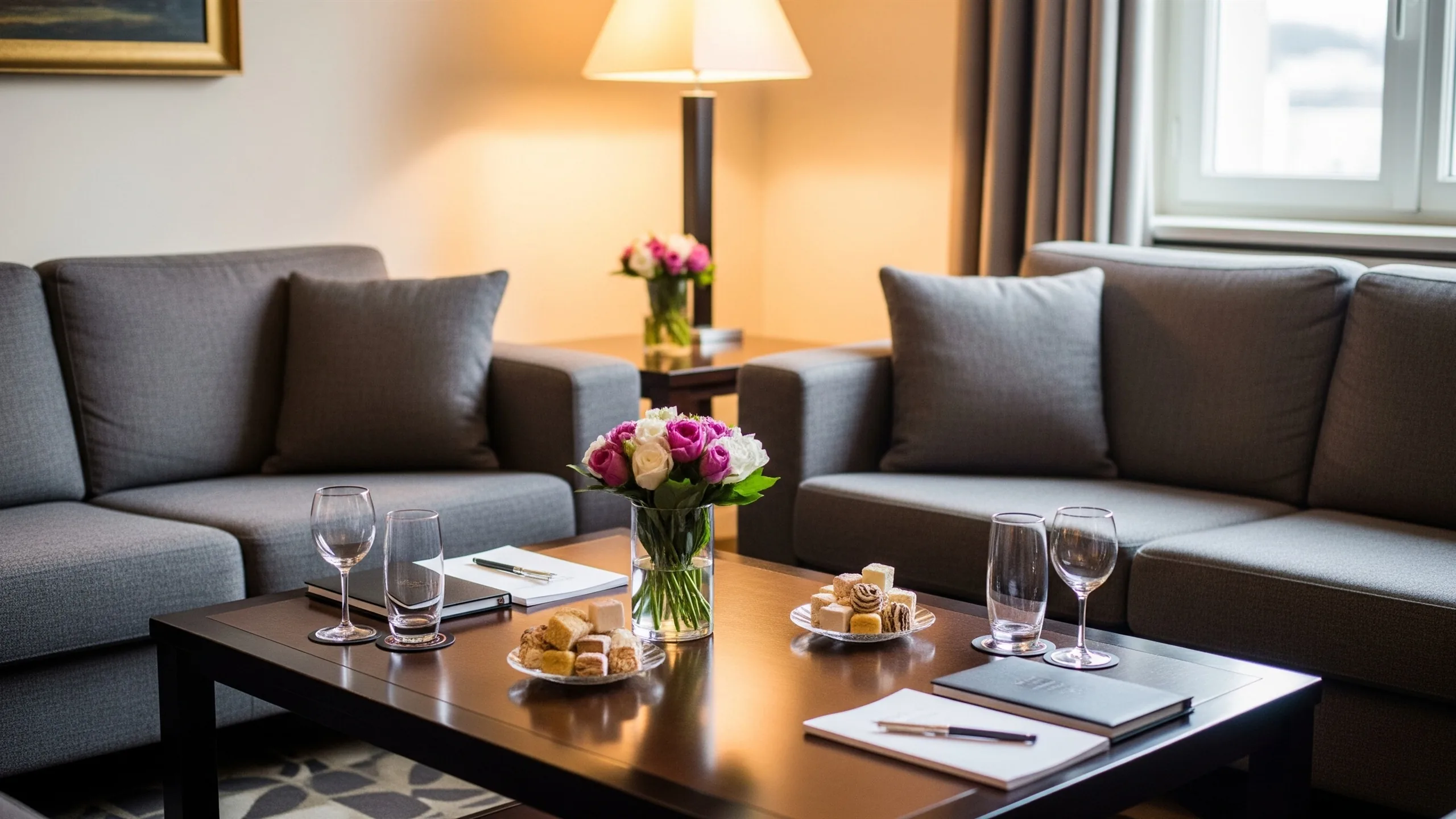A luxury negotiation-style seating area with paired sofas, coffee table, sweets, flowers and closed blank notebooks, styled view