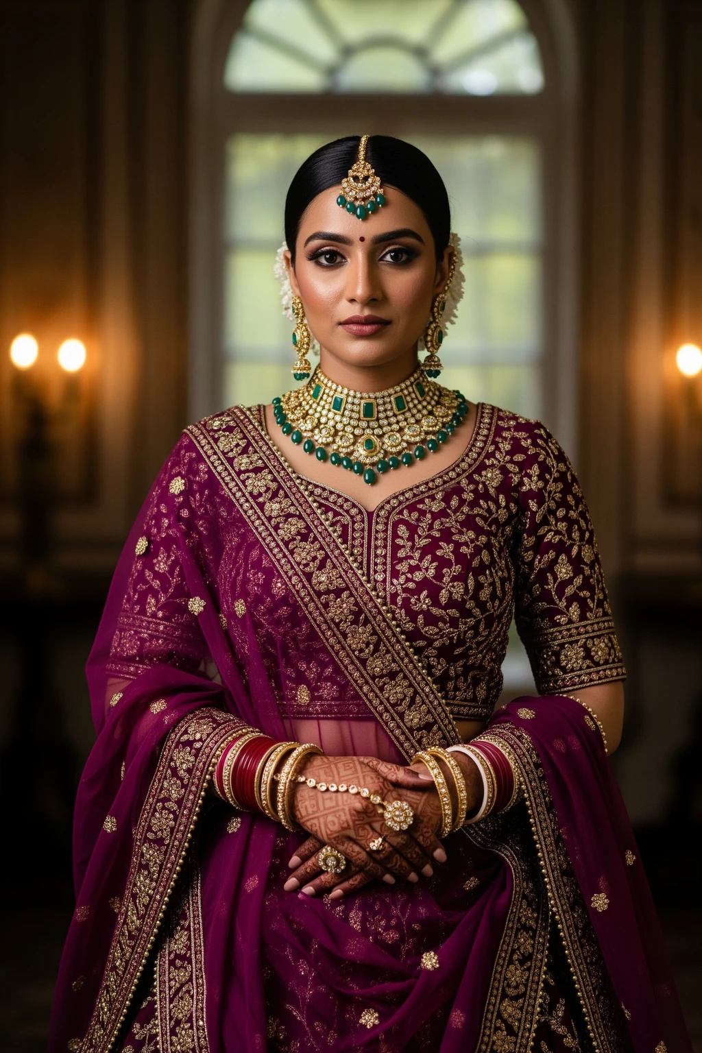 Indian bride in a plum bridal lehenga with emerald jewellery and antique gold embroidery