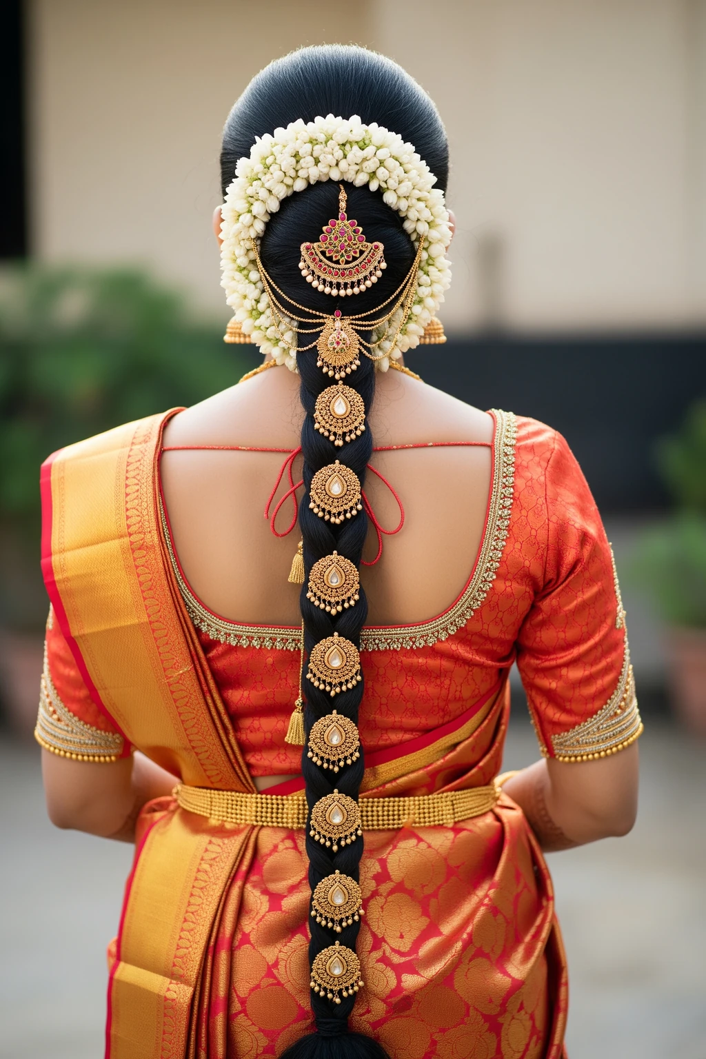 South Indian bride with long braid, jasmine gajra and temple jewellery