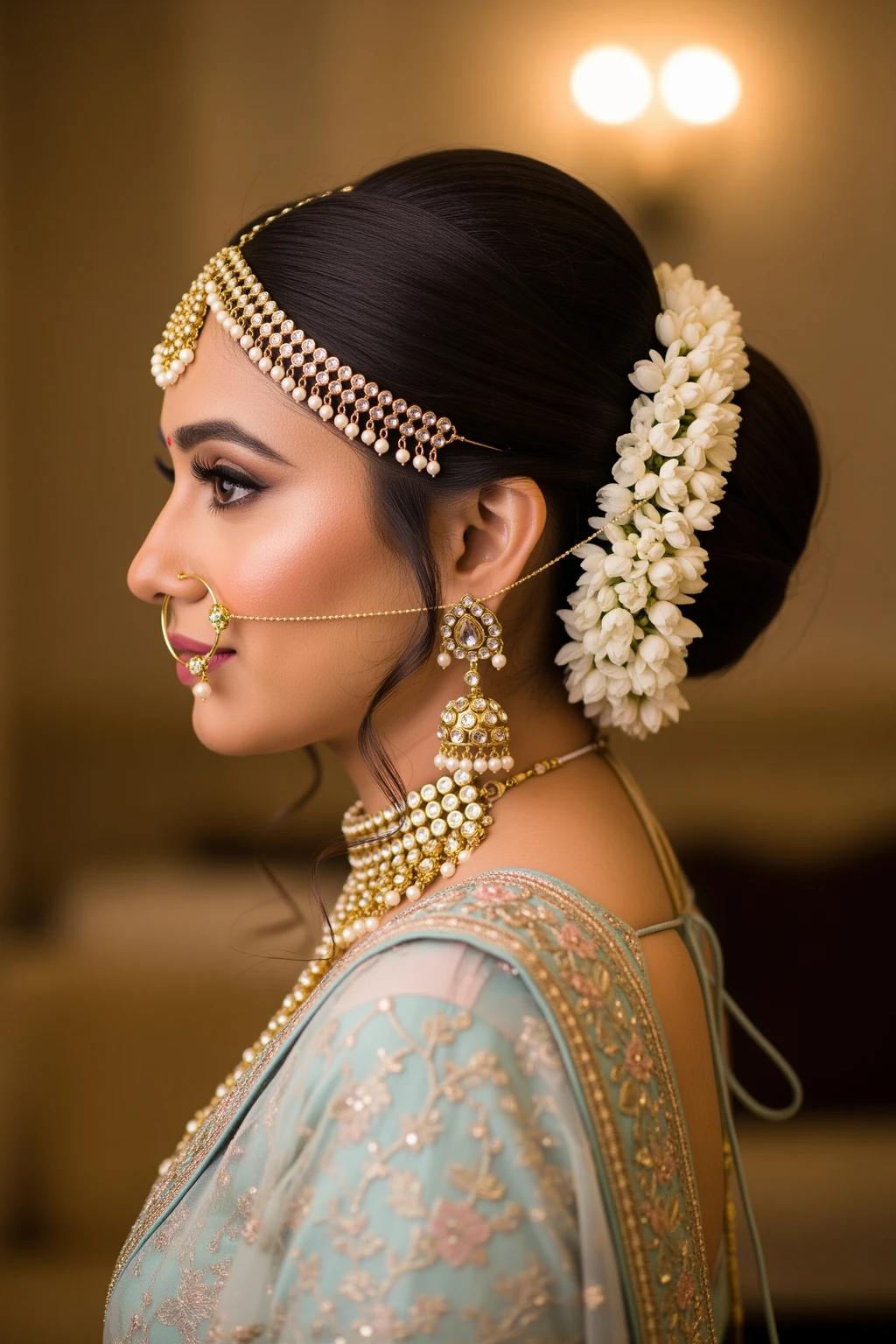 Indian bride with soft reception bun, jasmine gajra and passa jewellery