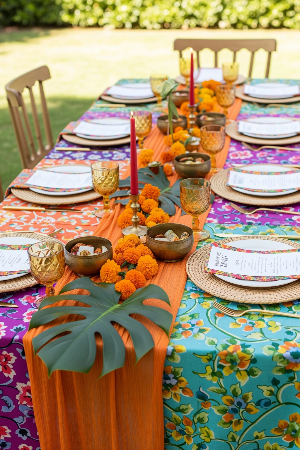 Indian mehndi lunch table decor with marigold runner, brass and colourful linens