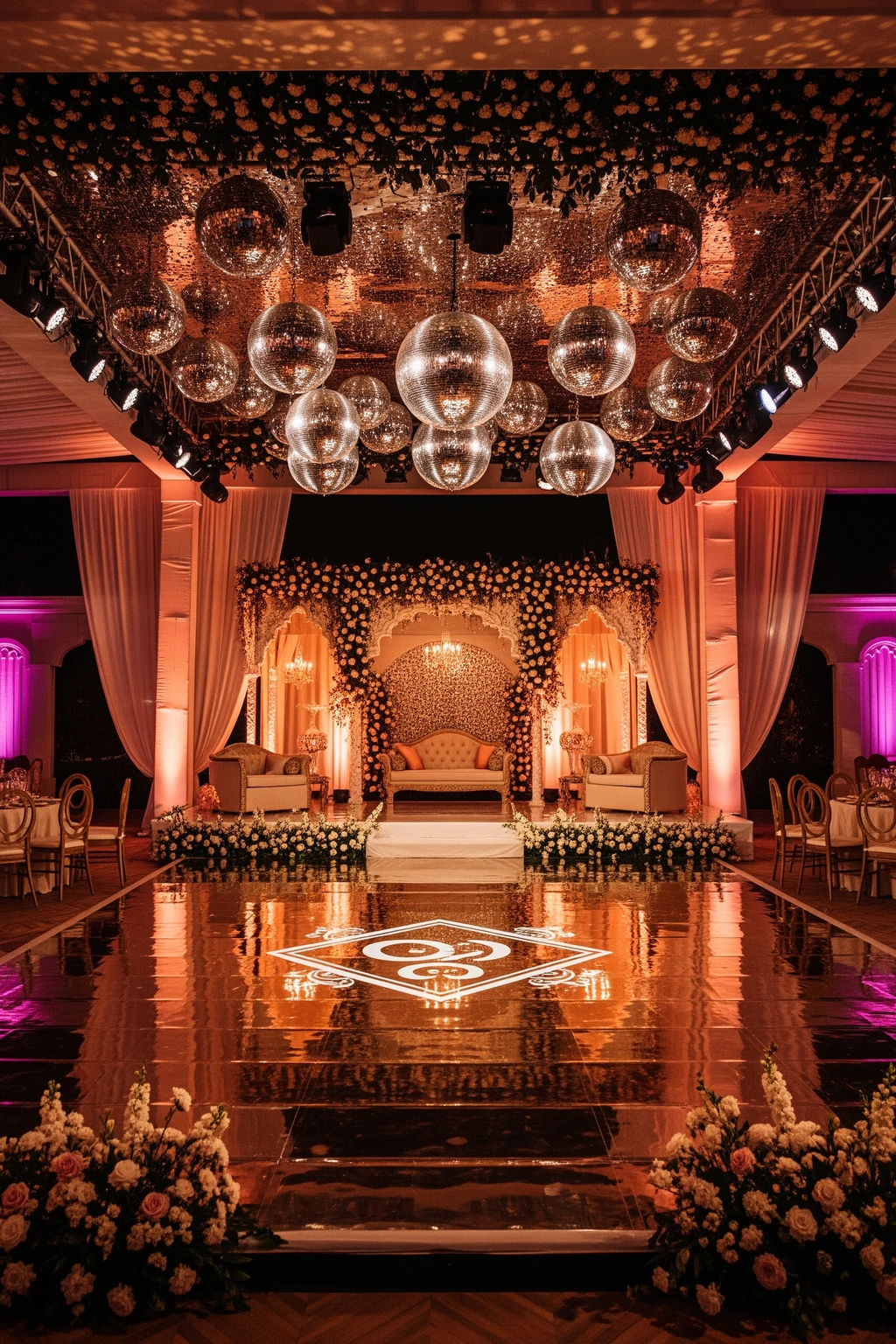 Indian sangeet dance floor with mirrorballs, floral edges and dramatic lighting