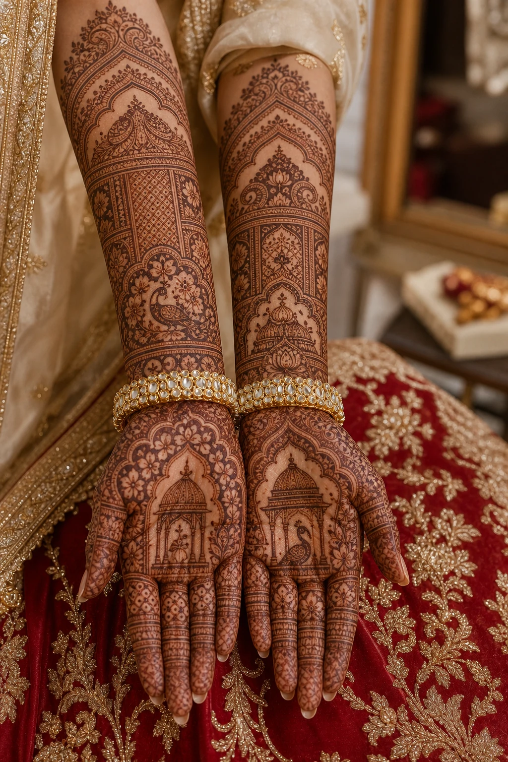 Full-hand bridal mehndi with symmetrical royal motifs and red lehenga fabric