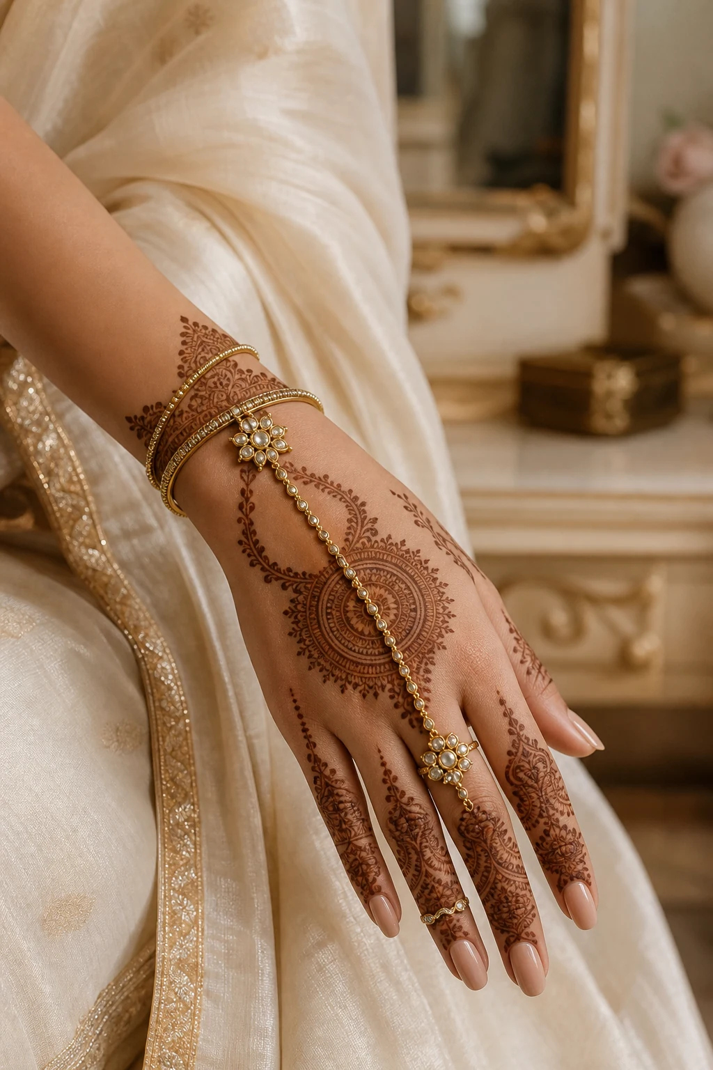 Backhand bridal mehndi styled with rings, haath phool and gold bangles