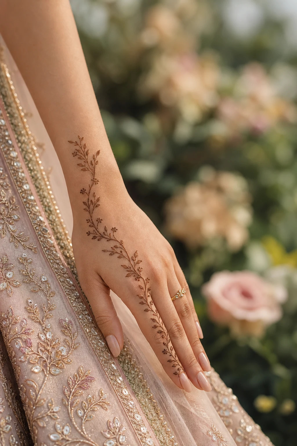 Minimal botanical bridal mehndi with delicate vine and negative space