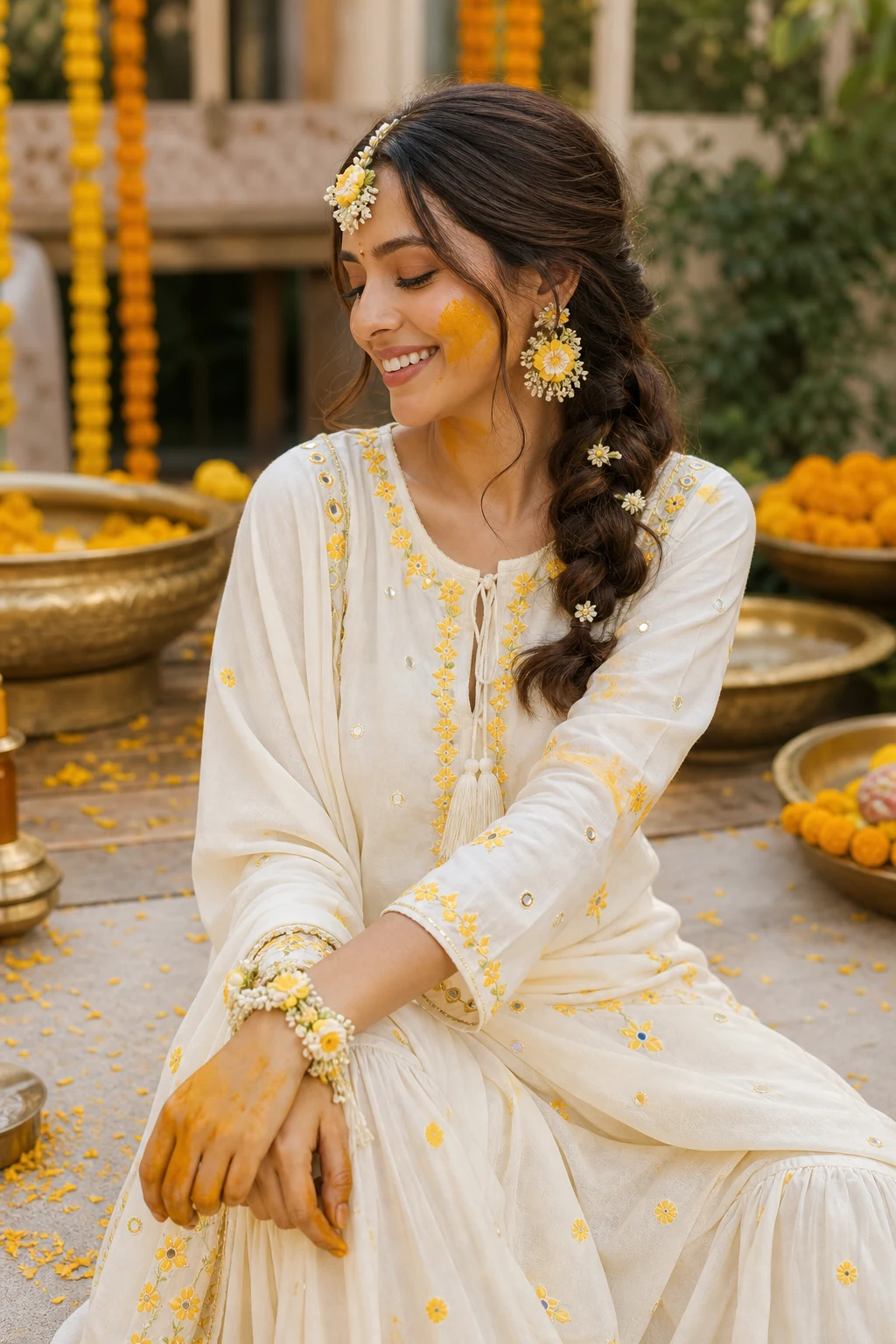 Indian bride in ivory haldi outfit with yellow embroidery and turmeric stains