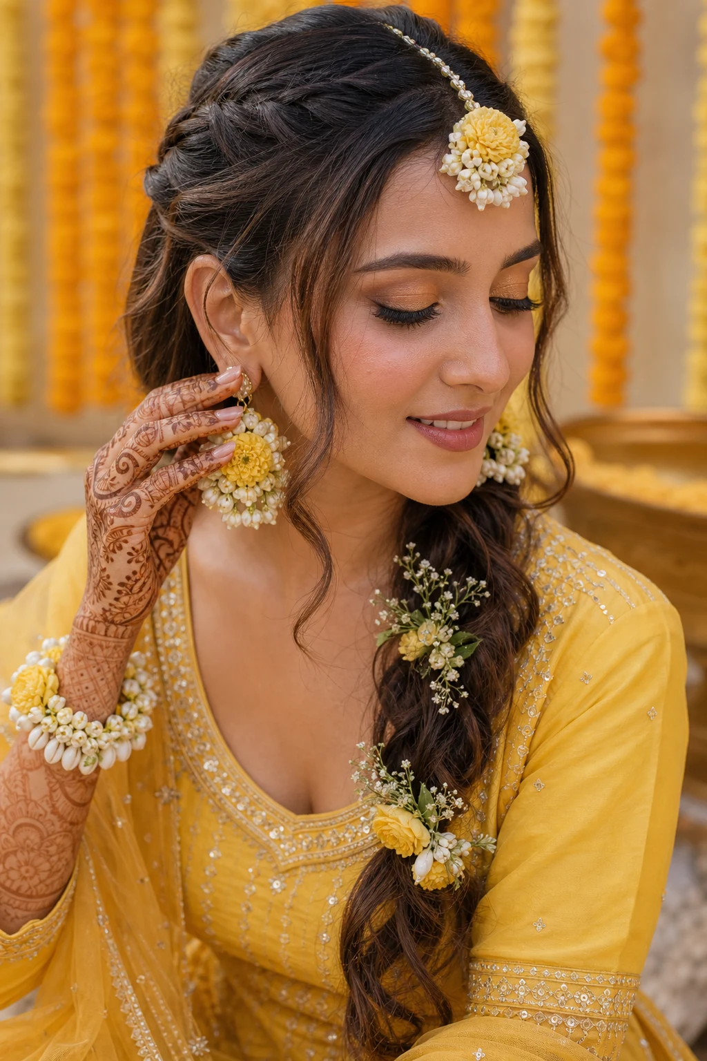Haldi bride floral jewellery, braid, shell details and yellow outfit