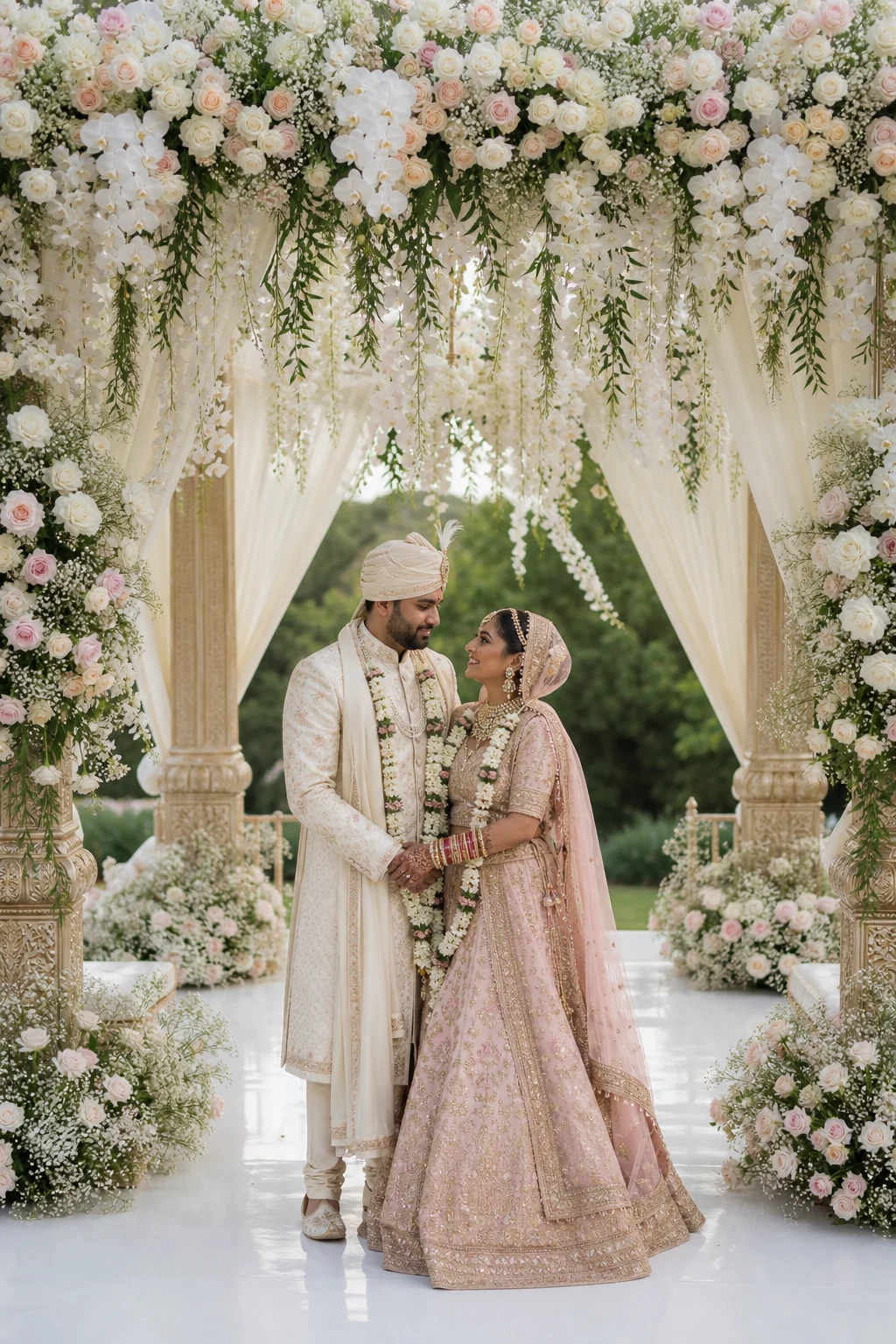 Indian bride and groom beneath a luxury floral mandap with roses and ivory draping