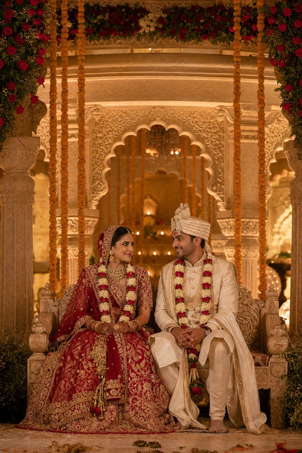 Indian bride and groom in a Rajasthani palace inspired mandap with carved pillars