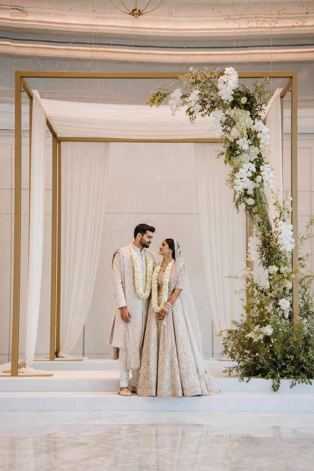 Indian bride and groom in a minimal contemporary mandap with matte gold frame