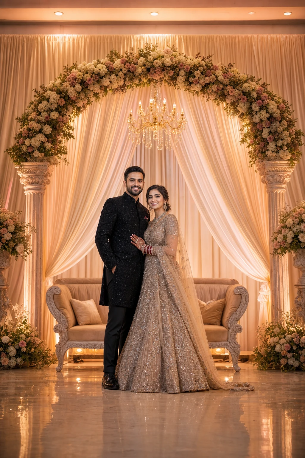 Indian bride and groom on a wedding reception stage with floral arch and elegant seating