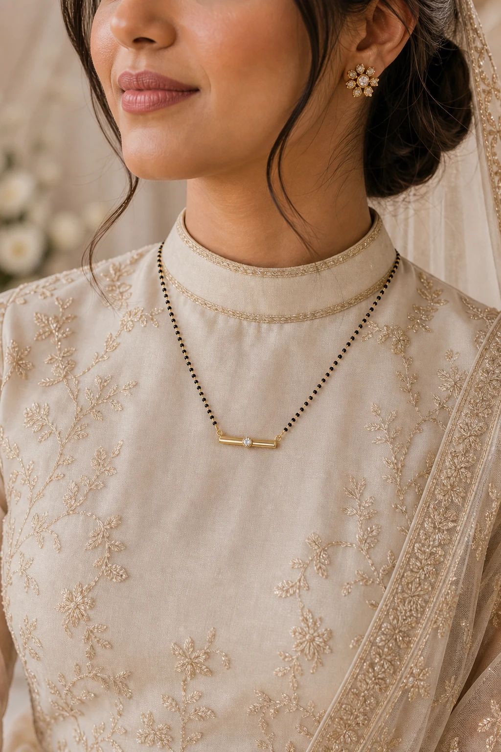 Indian bride wearing a minimal gold mangalsutra with a small diamond pendant