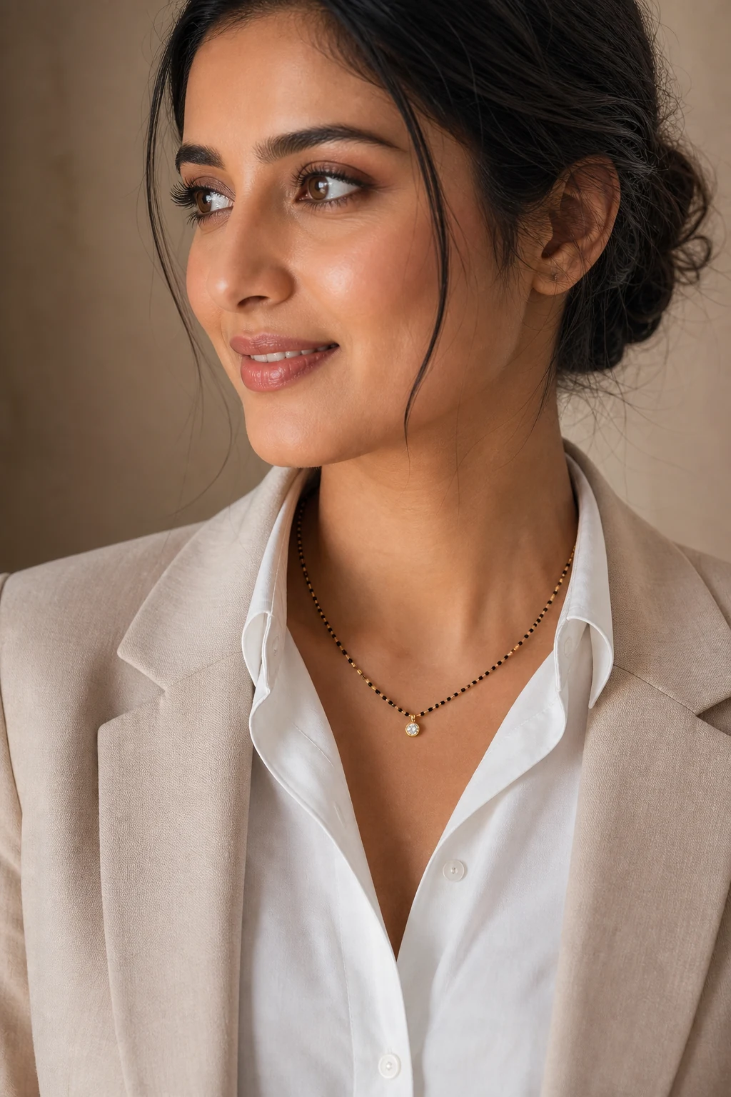 Modern Indian woman wearing short minimalist mangalsutra with white shirt