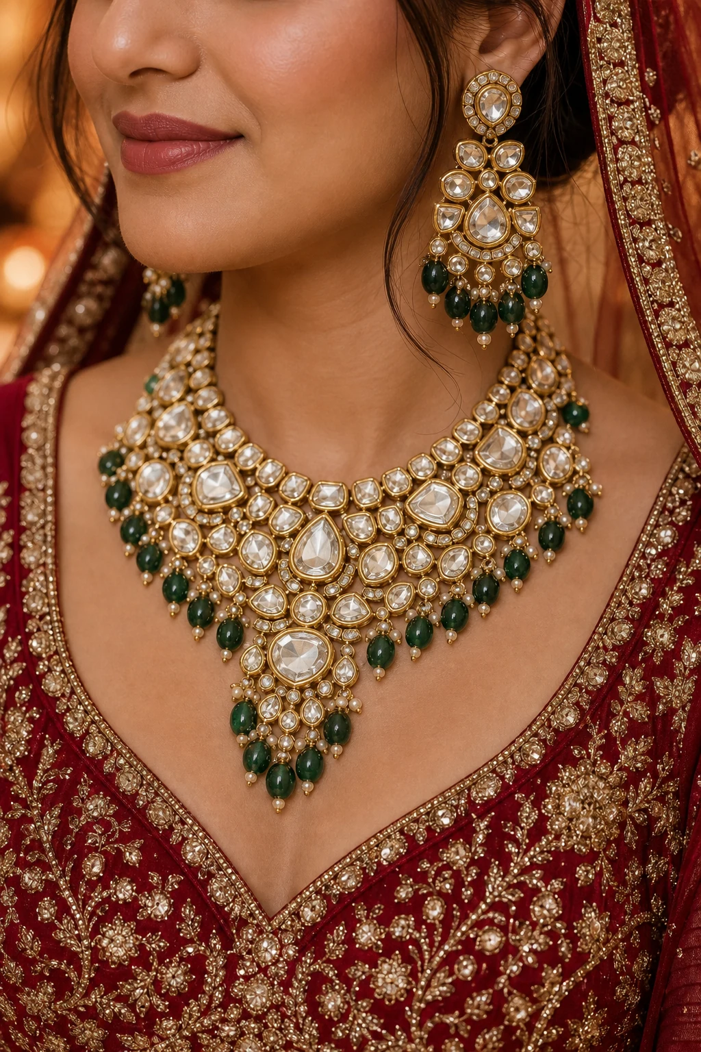 Indian bride wearing heavy polki bridal necklace with green bead drops