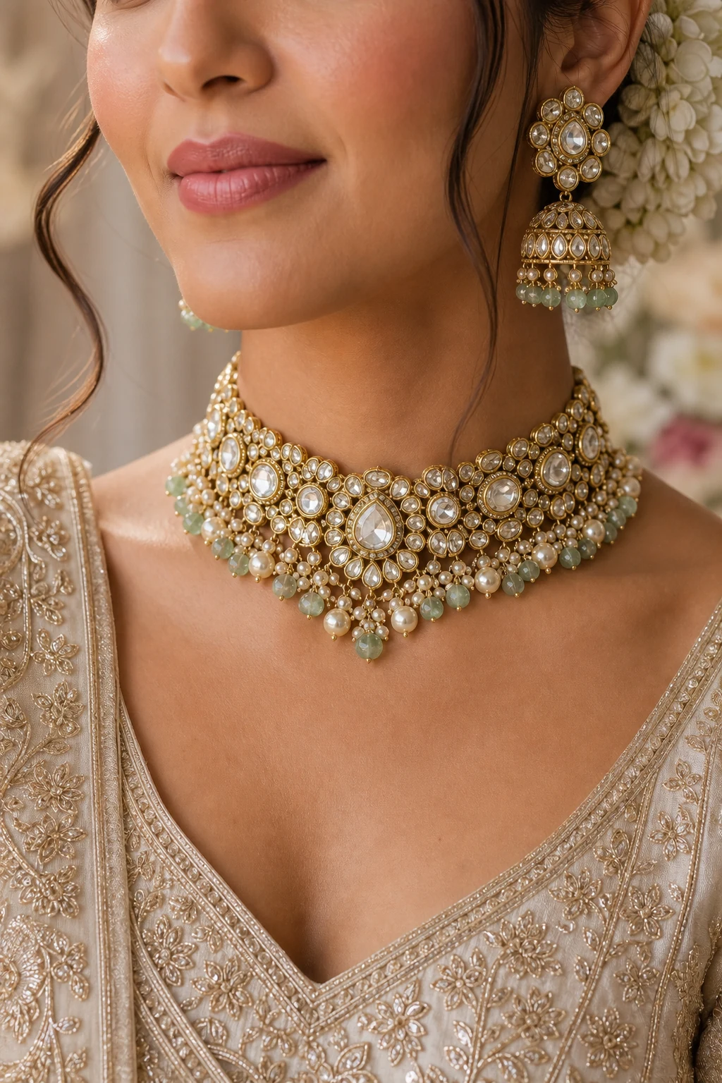 Polki choker with pearls and antique gold finish on Indian bride
