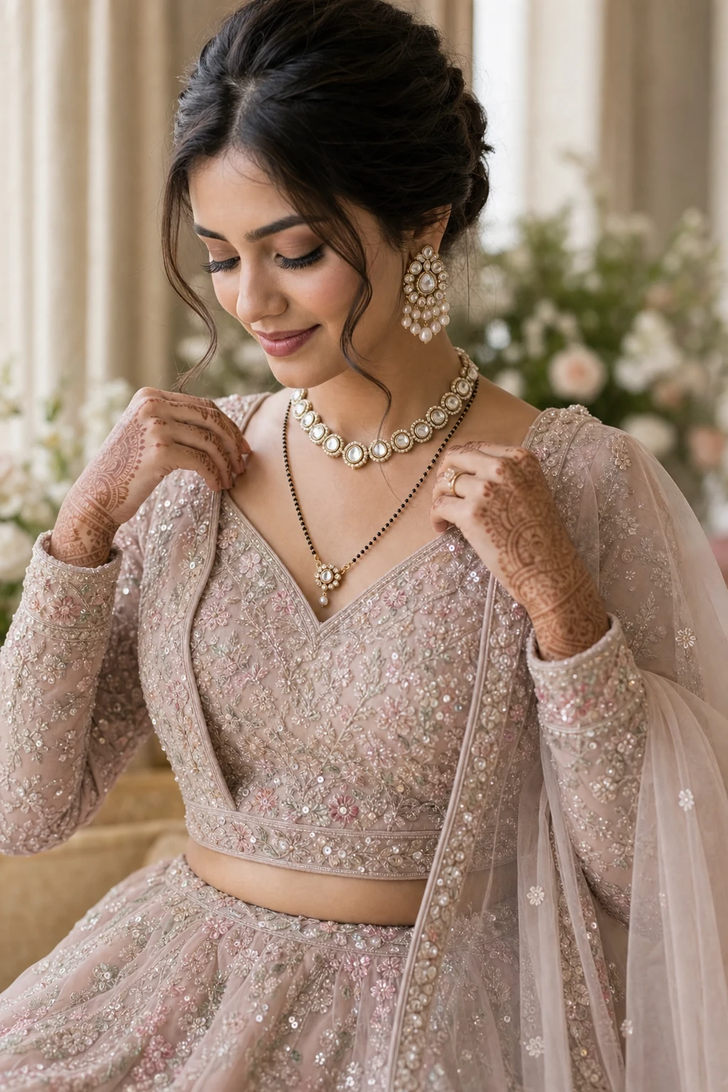 Modern Indian bride layering mangalsutra and light polki necklace